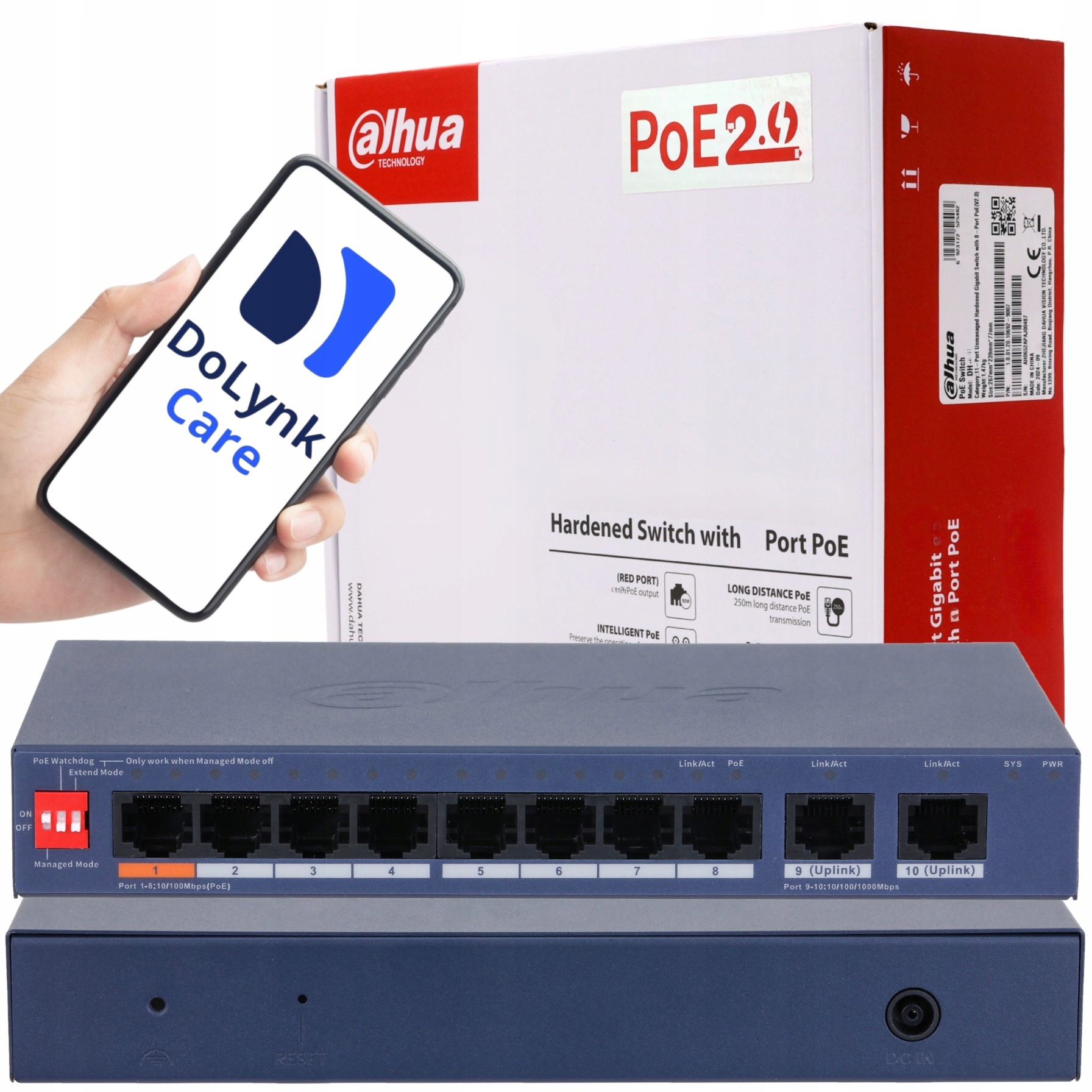 Switch Dahua CS4010-8ET2GT-60 10/100Mb/s 8x PoE 2x Uplink 60W Watchdog Vlan