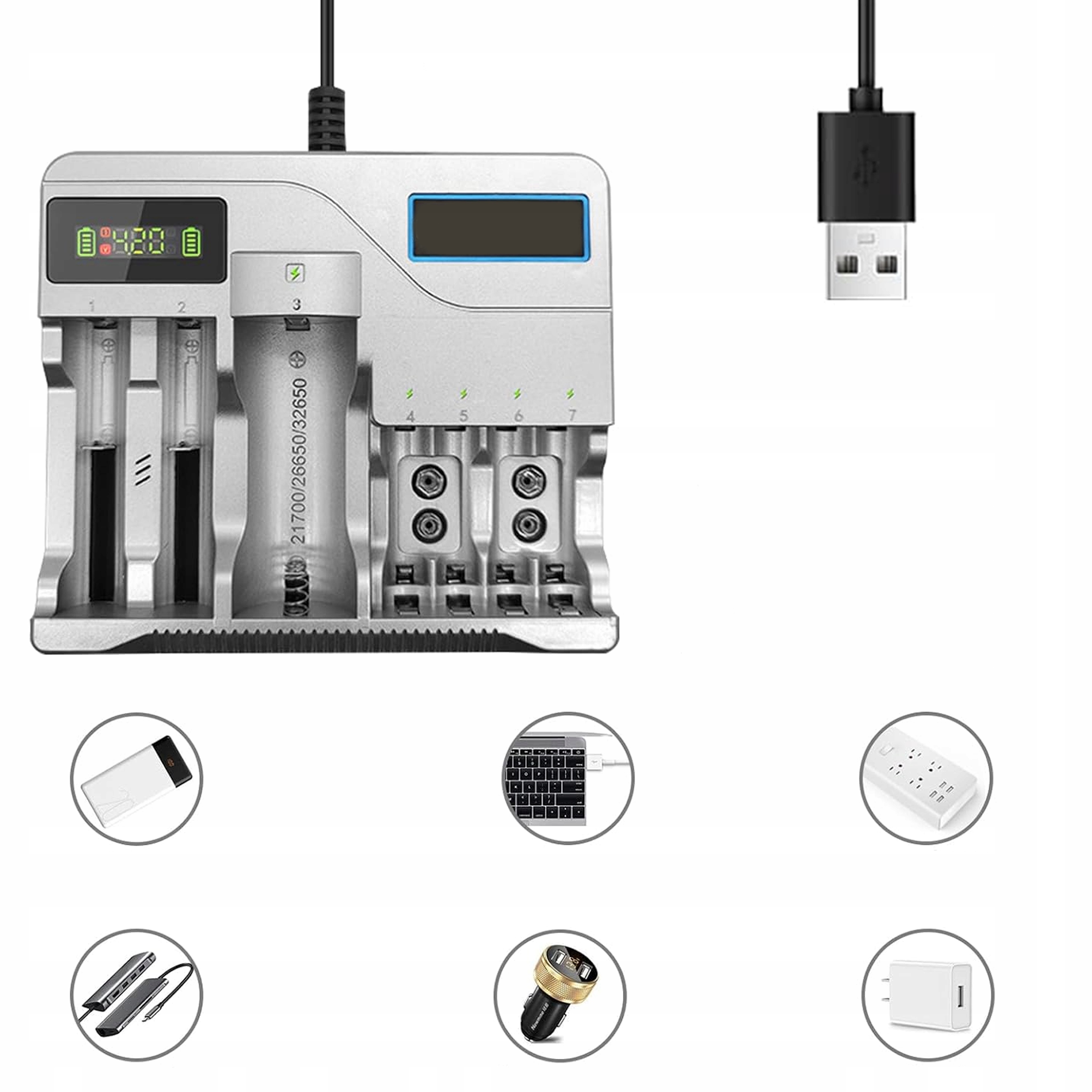 WIELOFUNKCYJNA SZYBKA ŁADOWARKA DO AKUMULATORKÓW BATERII 7 GNIAZD AAA USB Symbol ładowanych baterii 16340 17670 18350 18650 20700 21700 26650 AA AAA
