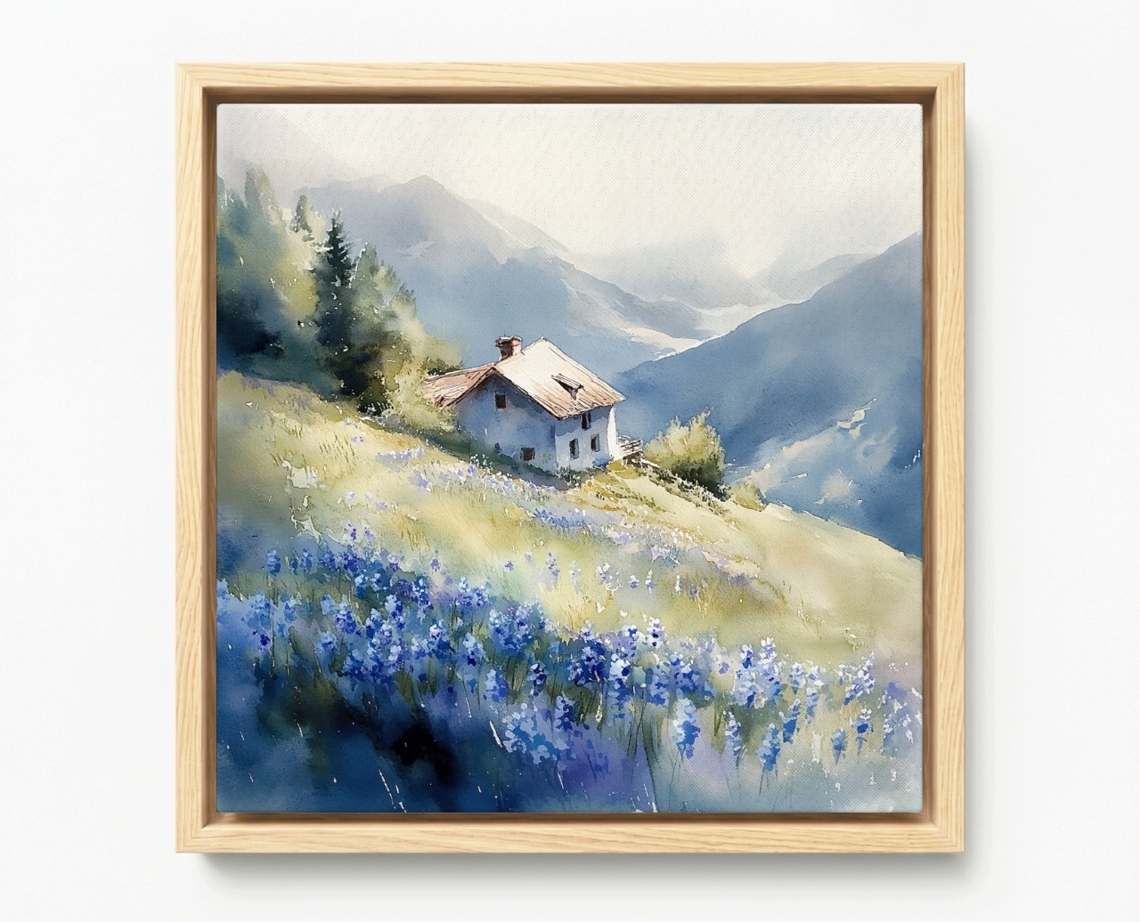 Obraz Rám Americký Box Krajina Hory Domek Terasa Pohled Louka Květiny 50x50