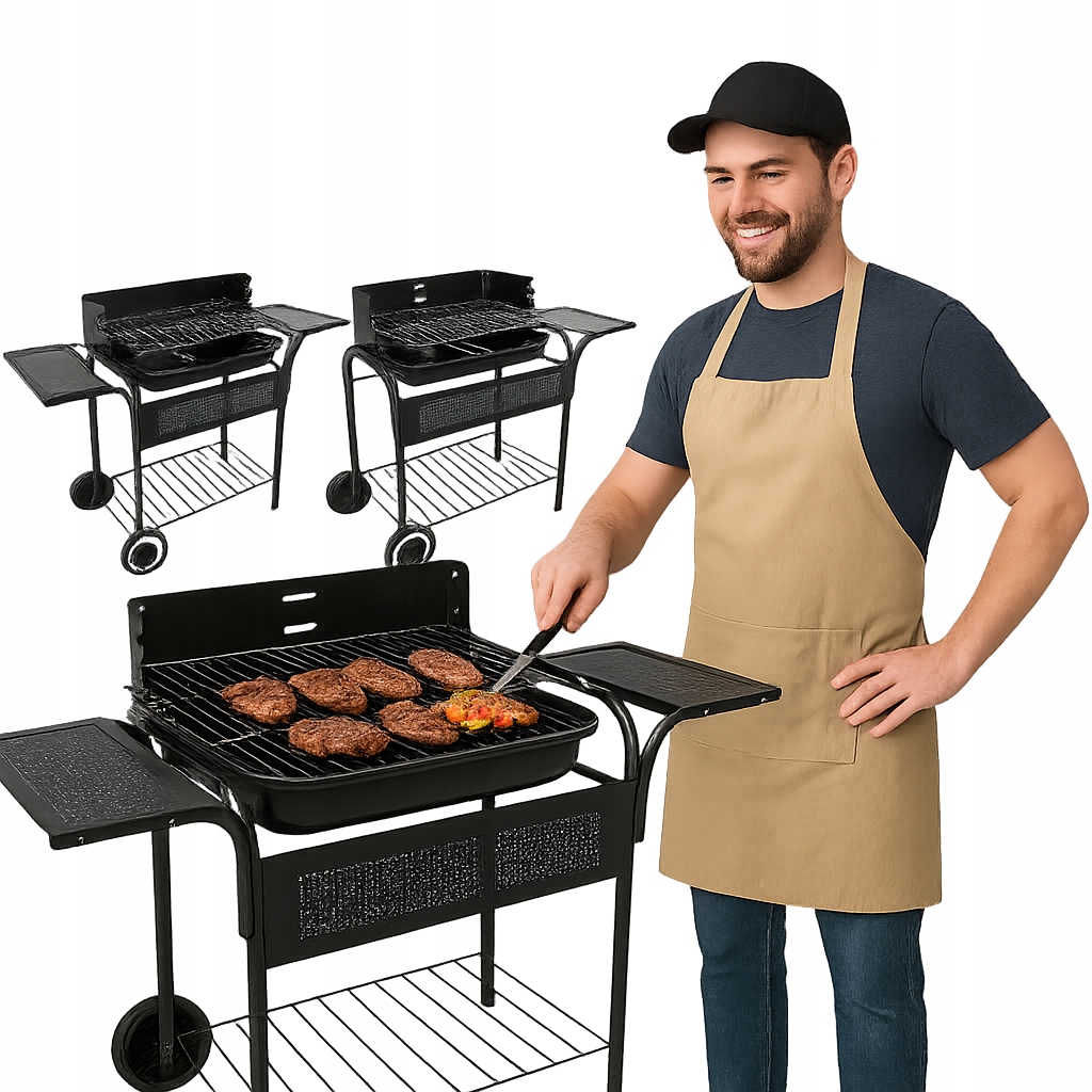 Grill Ogrodowy Węglowy Metalowe Półki Regulacja Rusztu Koła