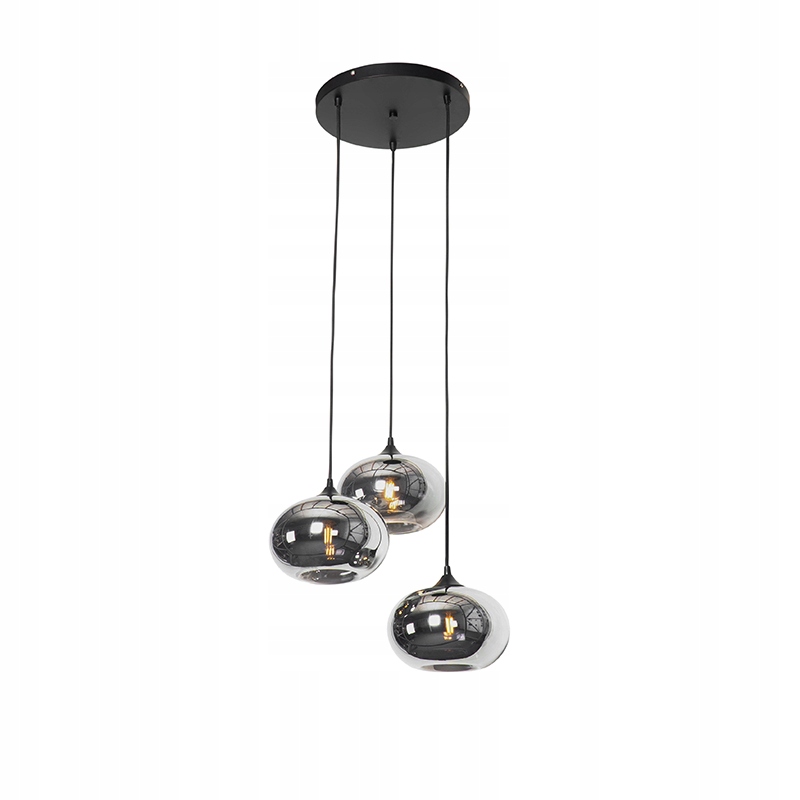 Lampa wisząca art deco czarna z przydymionym szkłem 3-światłowa okrągła