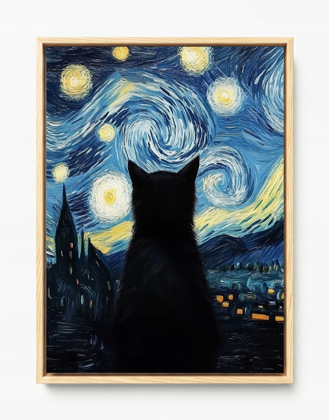 Obraz Rama American Box Van Gogh Styl Hviezdna Noc Čierna Mačka 60x80