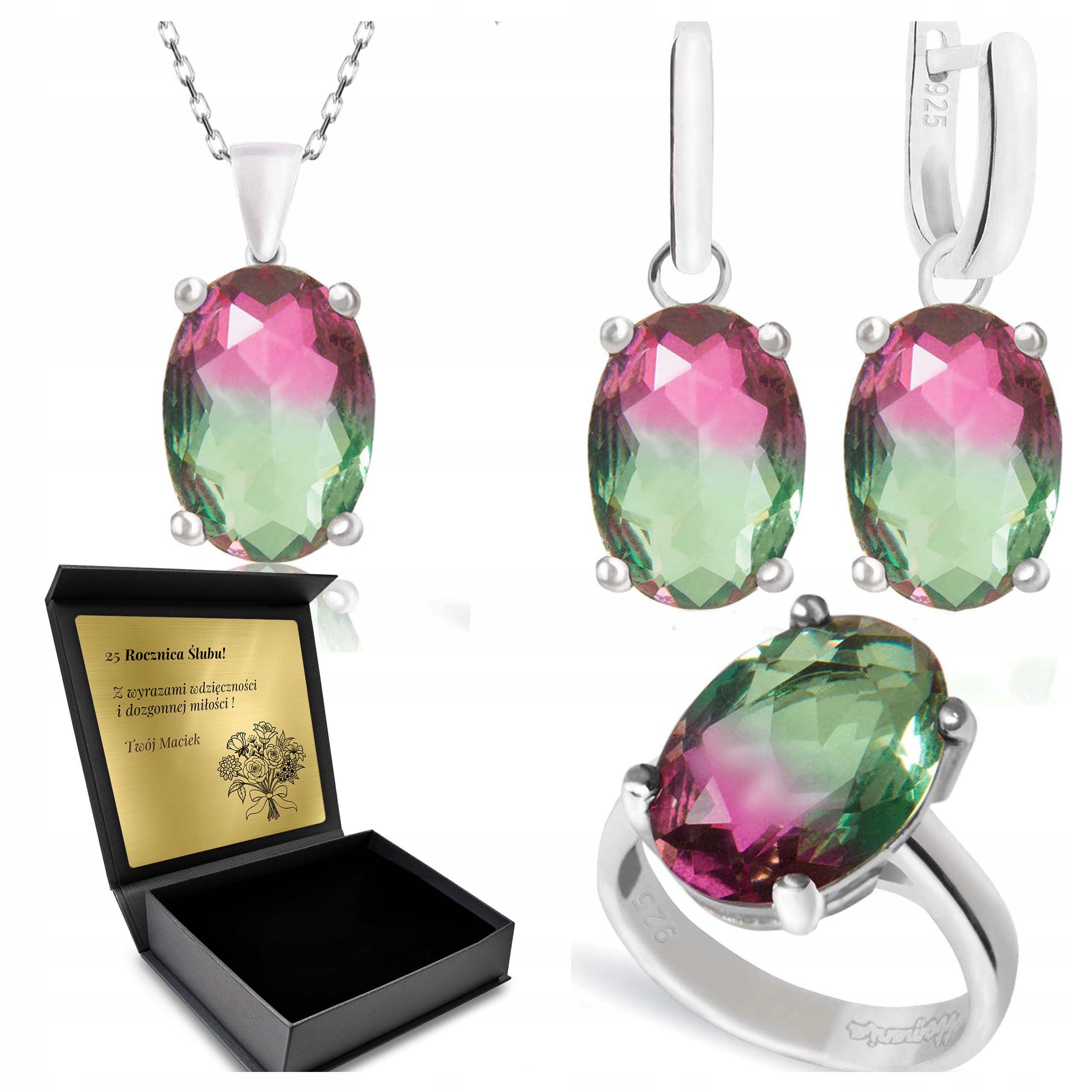 Komplet Stříbrných Šperků 925 Turmalín Dárek pro ženu Gravírování Bonus