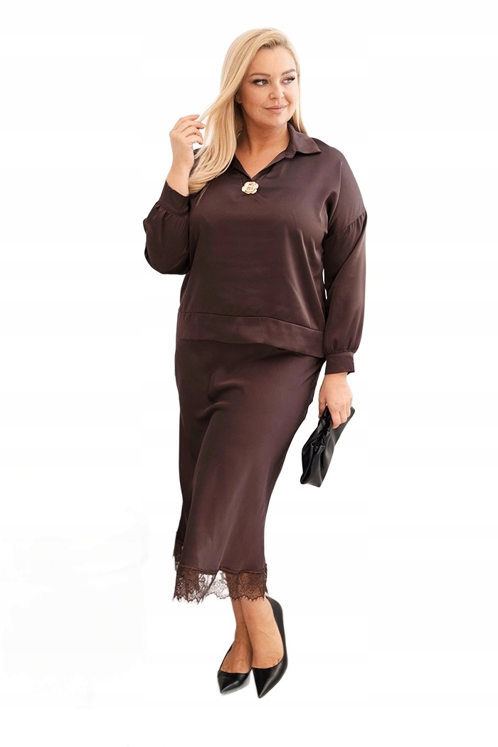 Dámský komplet Plus Size se saténovým leskem a krajkou, hnědý