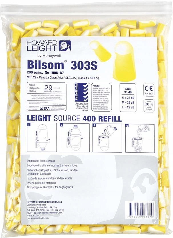 Zatyczki douszne Honeywell Bilsom 303S żółte Worek