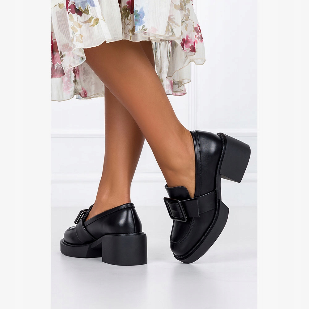 CZARNE MOKASYNY PÓŁBUTY DAMSKIE NA OBCASIE SŁUPKU ELEGANCKA KLAMRA r 38 Marka Casu