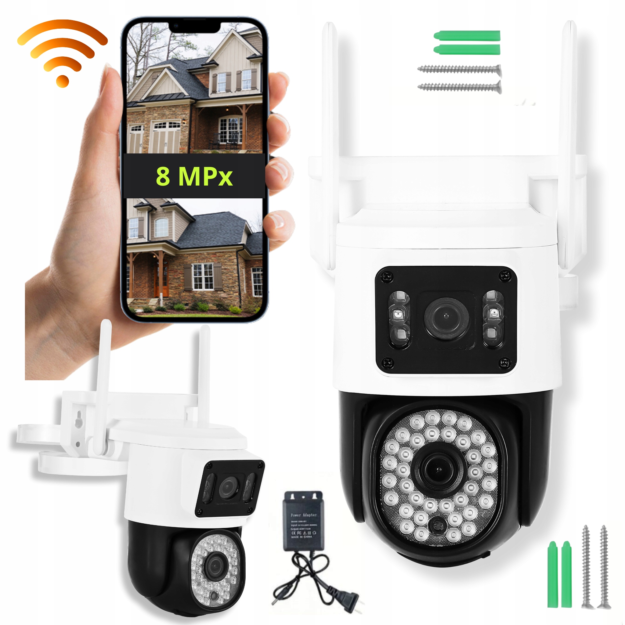 Podwójna Kamera Wifi Zewnętrzna 8MPx Obrotowa Quad Hd Biała Zoom Aplikacja