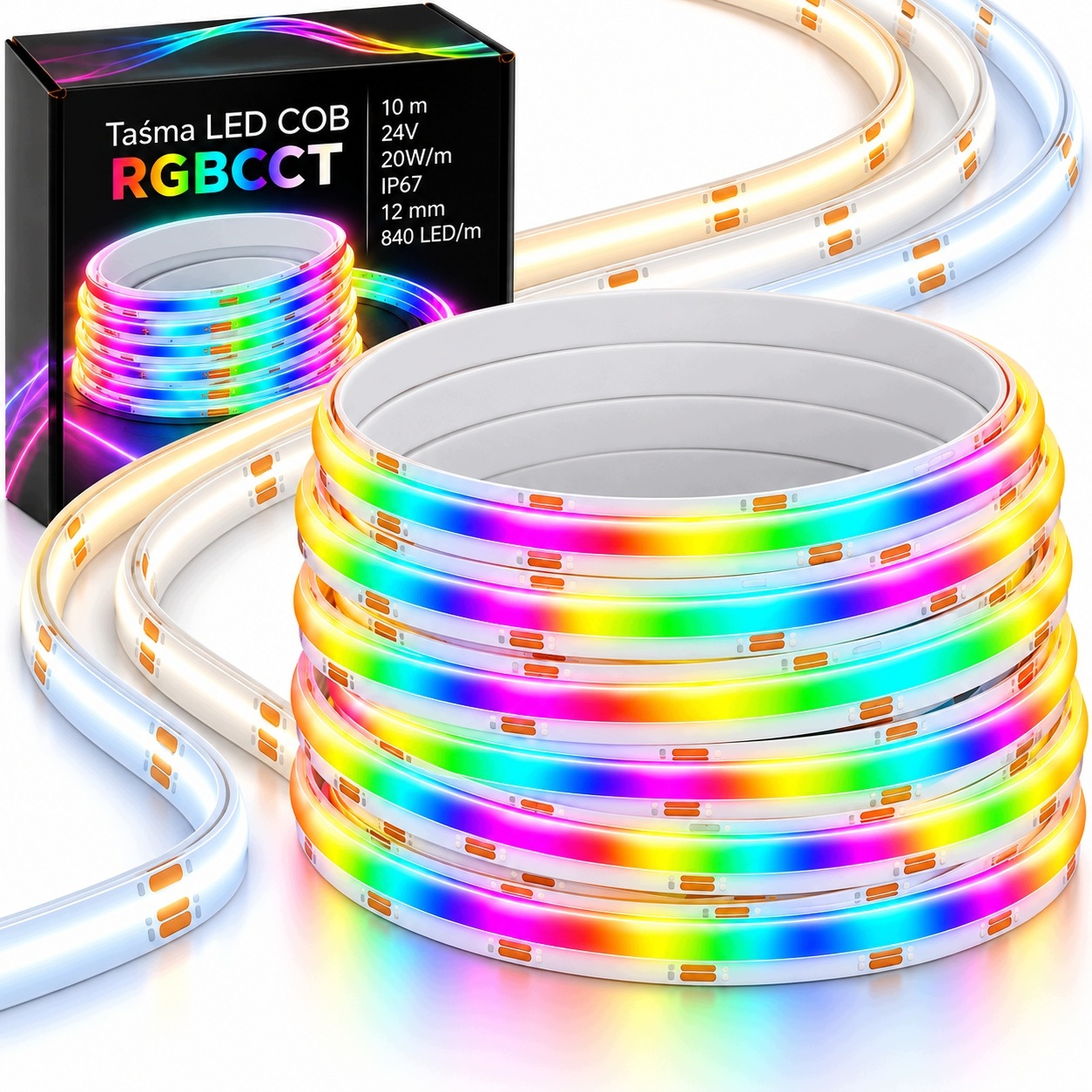 Led pásek Cob Rgbcct 24V 10 m 20 W/m 840 LED/m IP67 pro stmívání světla