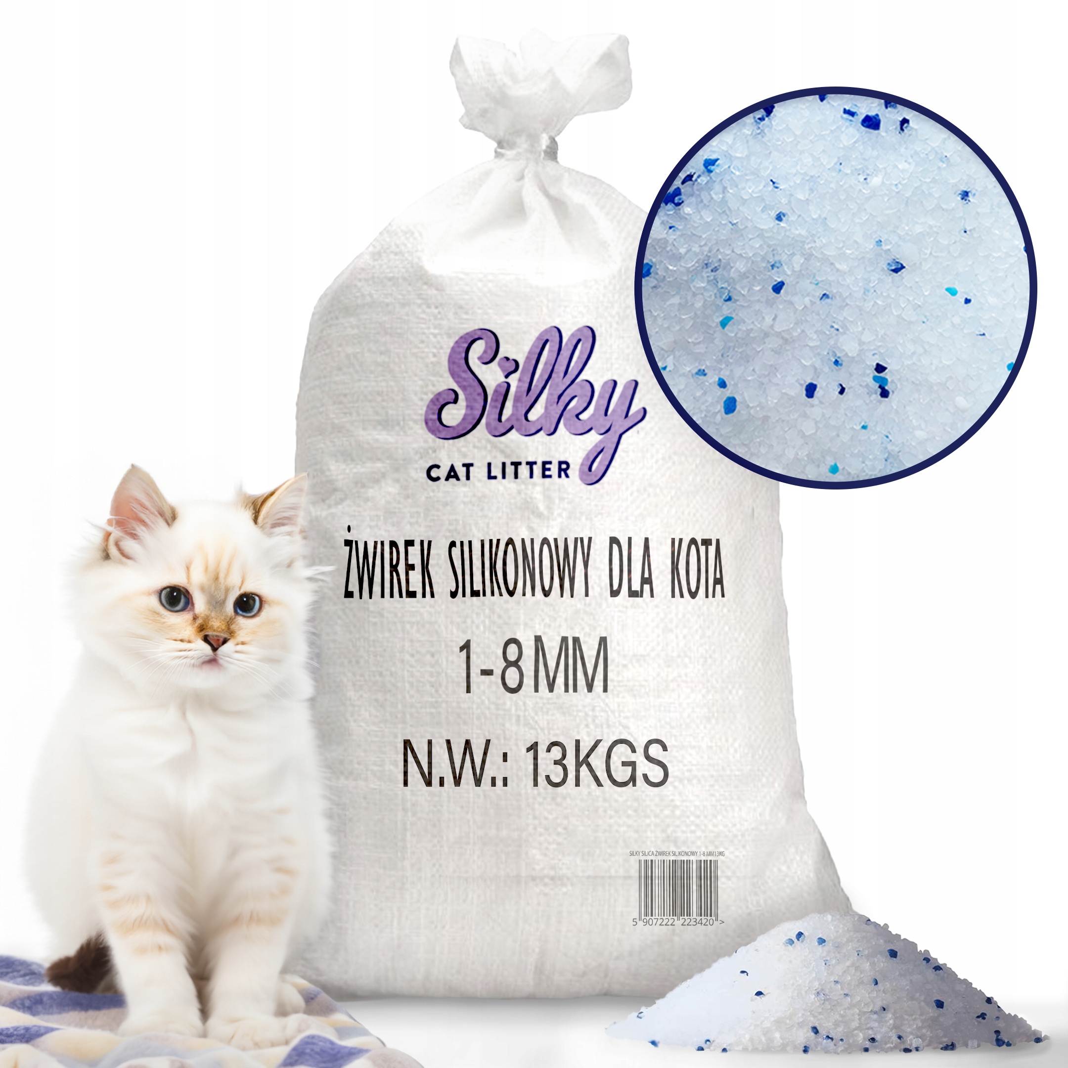 Silikonové stelivo pro kočky bezprašné Silky 13 kg Hrubozrnné 1-8 mm