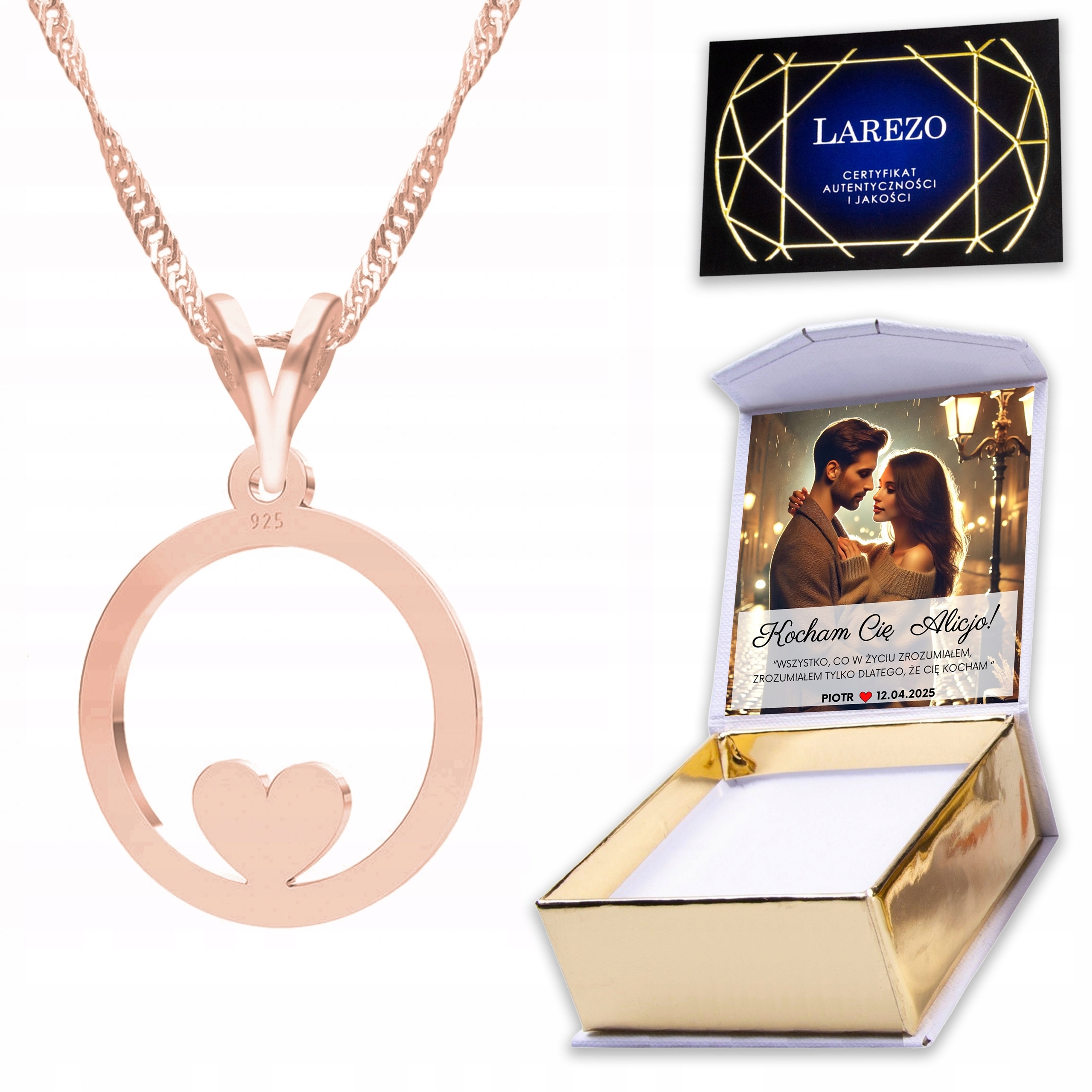 Pozlacený náhrdelník 925 s kulatým srdíčkem Srdce Láska Potisk