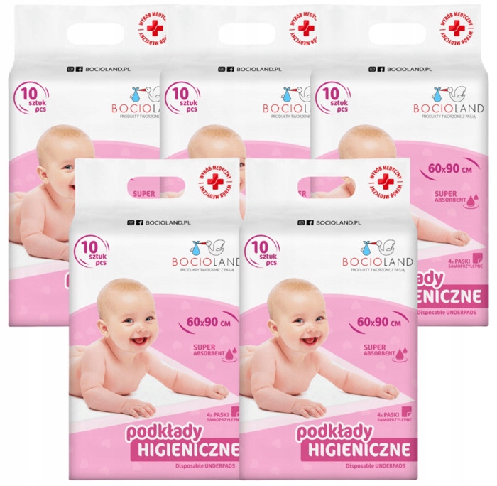 BOCIOLAND PODKŁADY HIGIENICZNE 60x90 CHŁONNE NA PRZEWIJAK Z PRZYLEPCAMI x50