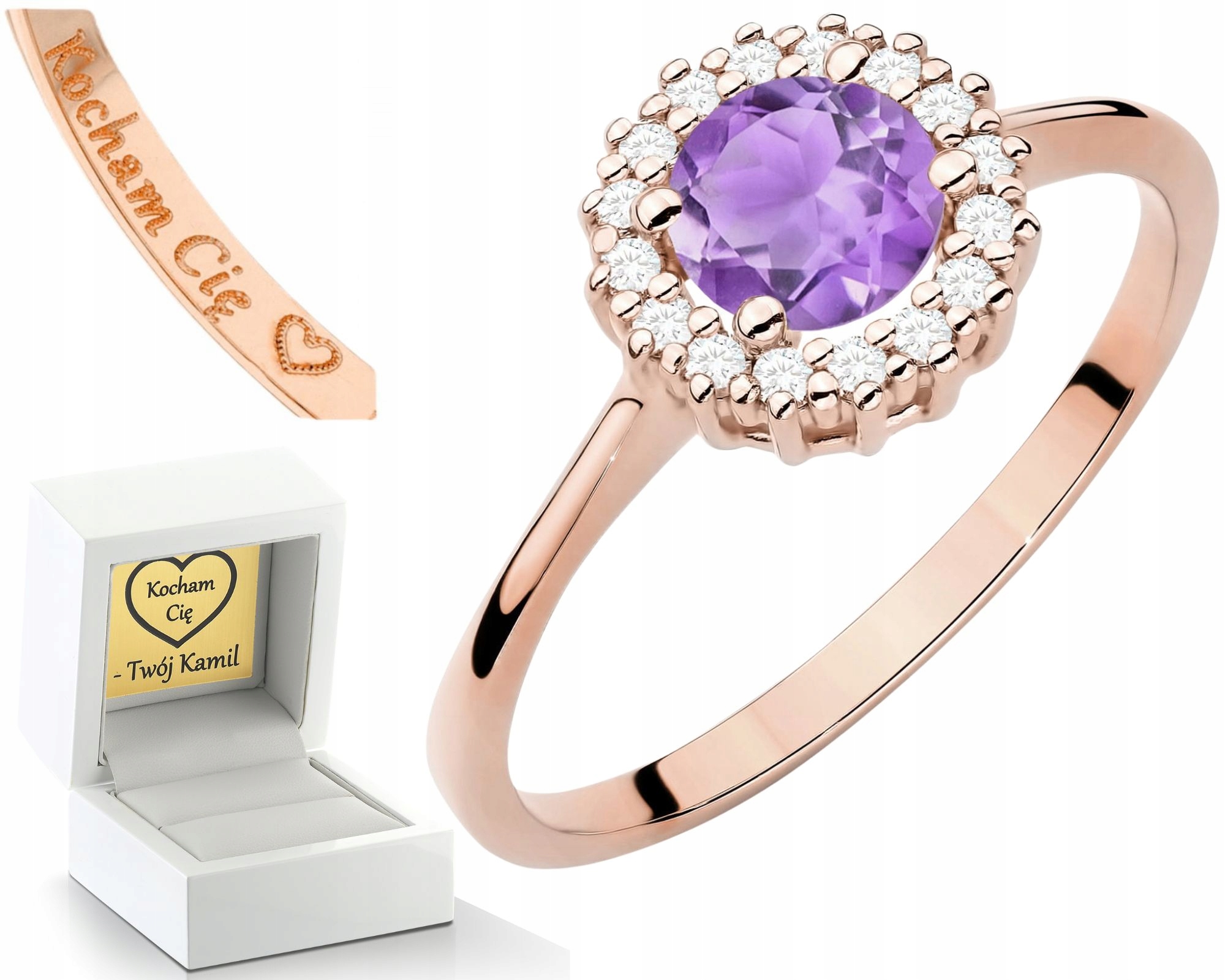 Růžový Zlatý Prstýnek S Ametystem, Diamanty, Gravírování Bonus , Dárek 585