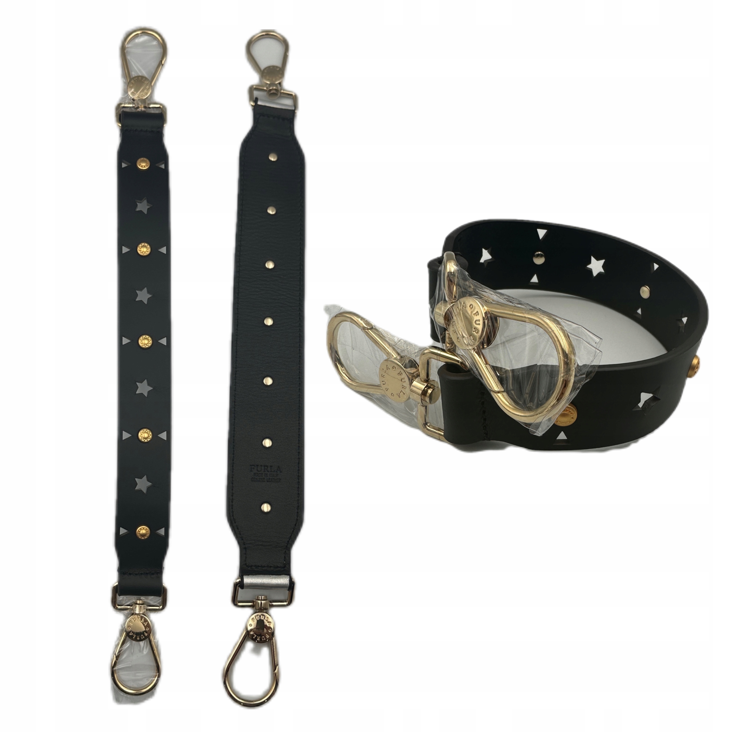 Furla Pásek do kabelky Furla černý kování zlaté cvočky