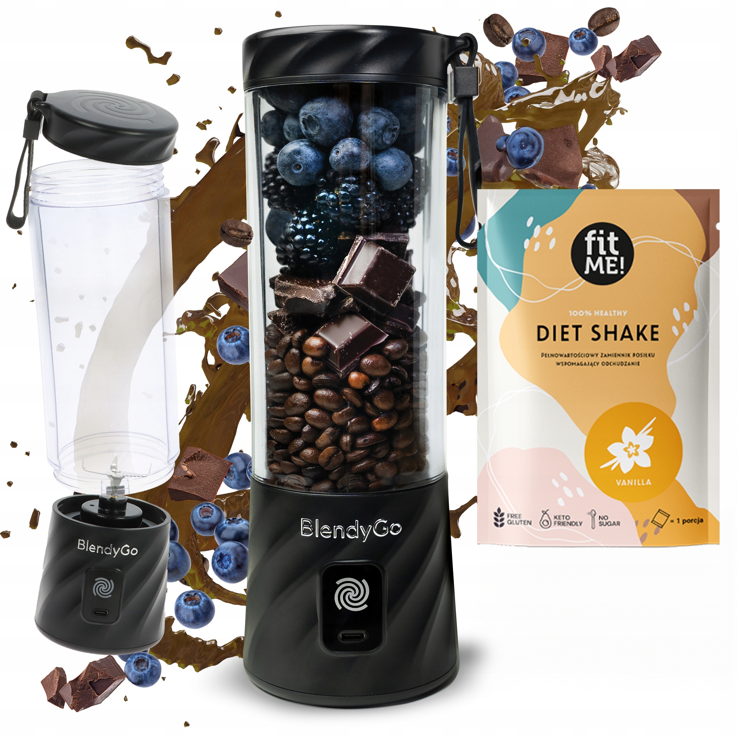 Bezprzewodowy blender BlendyGo 3 550 ml Czarny koktajl fitME 25g