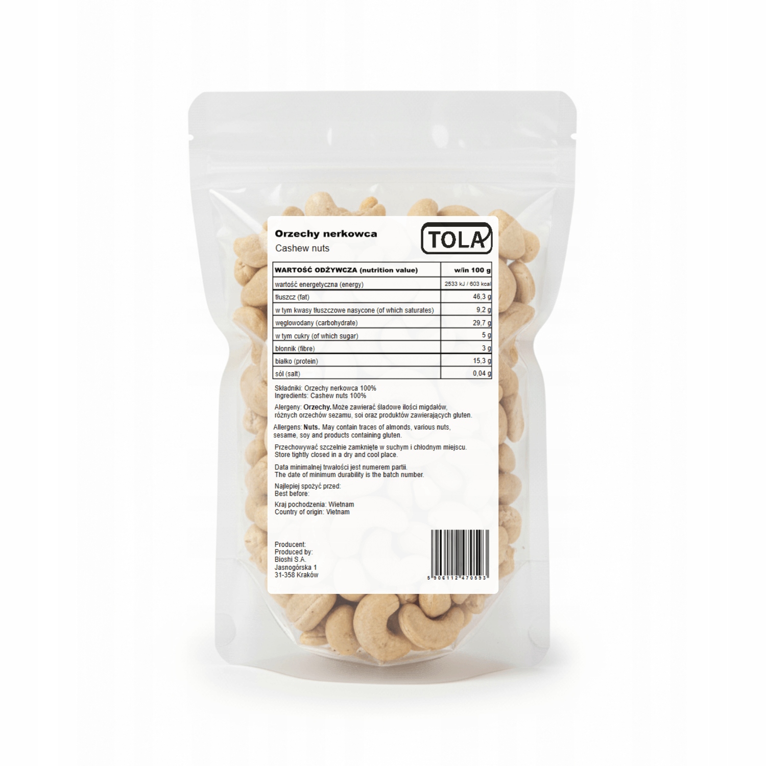 Orzechy nerkowca 5kg naturalne, bez dodatków Tola