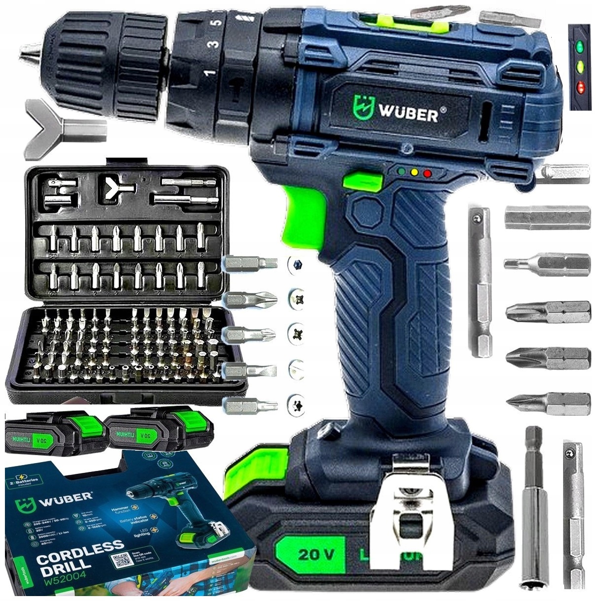 Wiertarko Wkrętarka Wuber Mocna Udarowa 2x aku Baterie 20v Zestaw Bity Torx