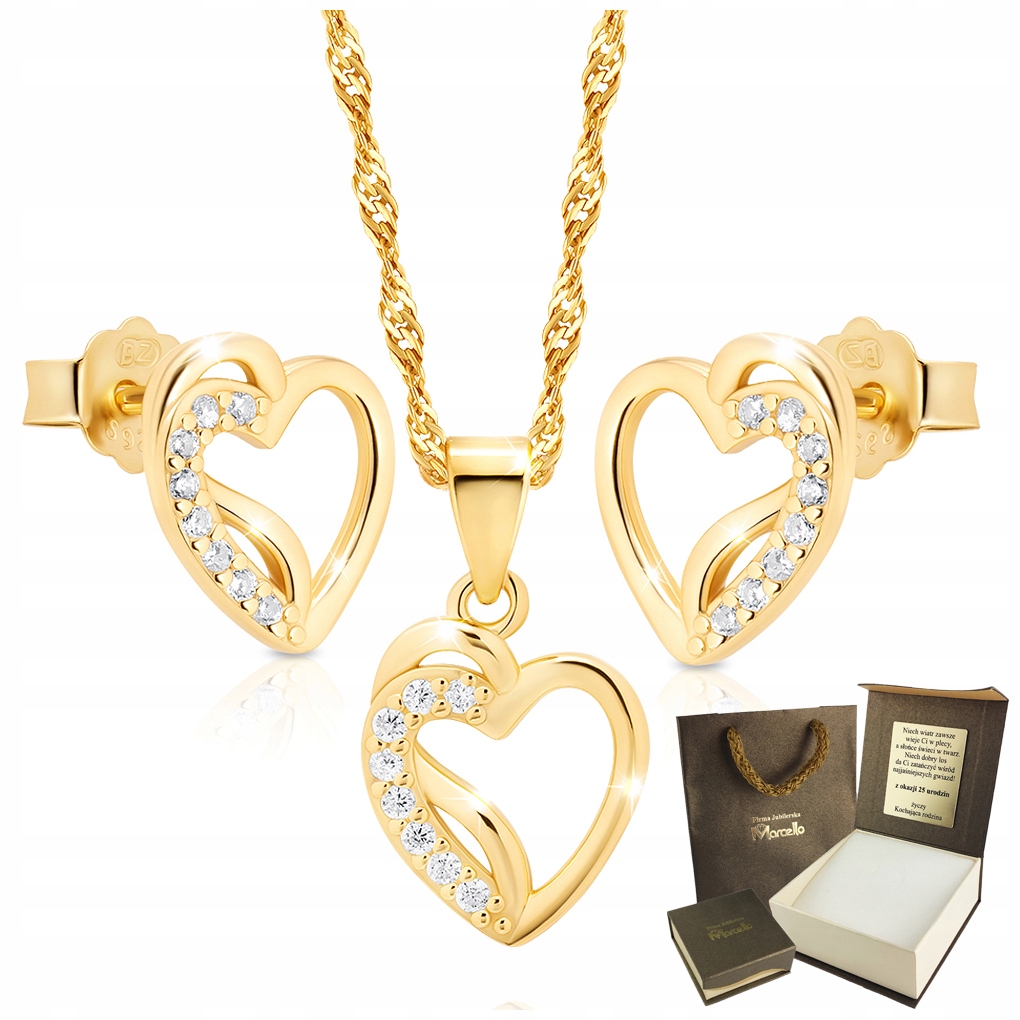 

Złoty Komplet Łańcuszek Kolczyki Serce Srebro 925