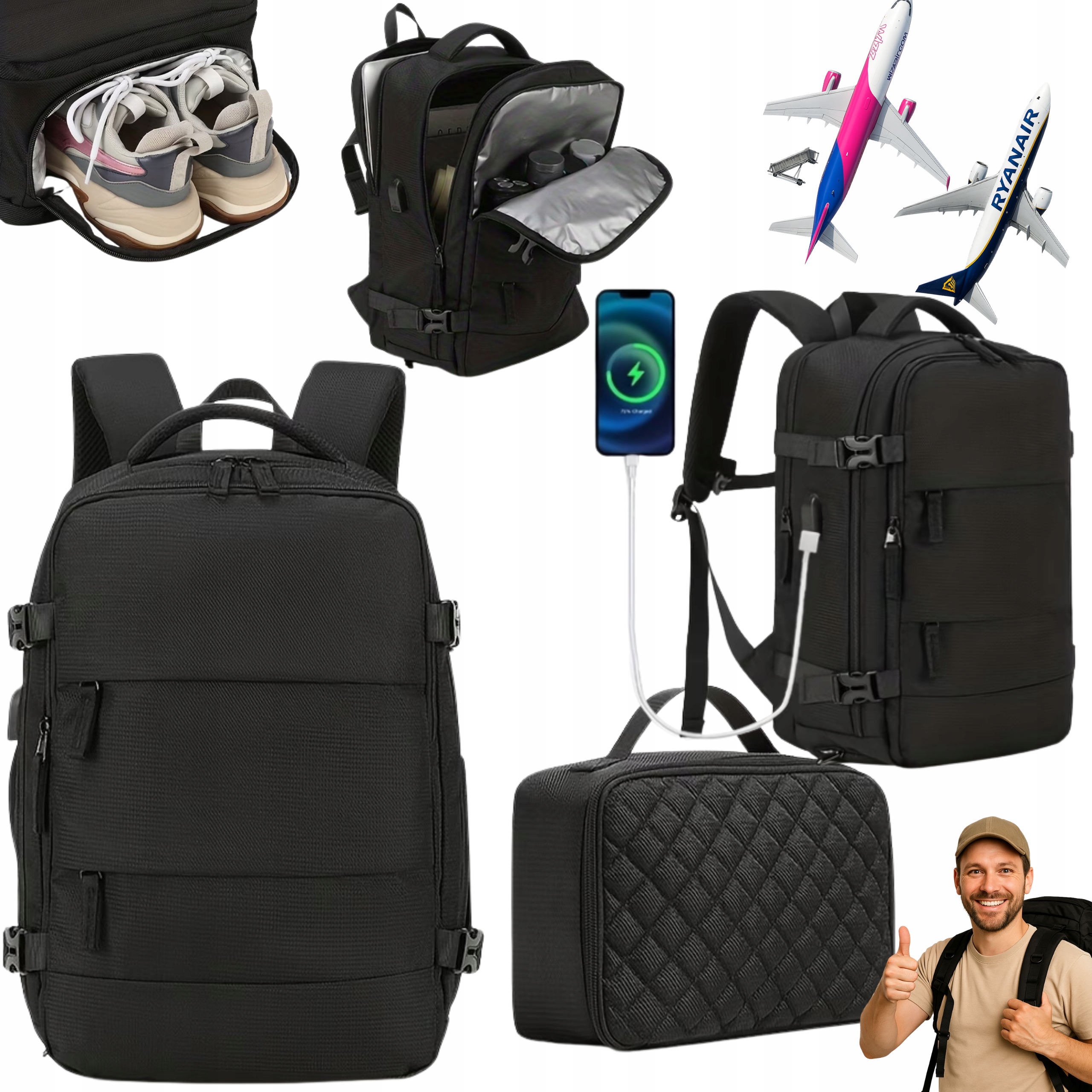 Plecak Do Samolotu 40x30x20 Wizzair Ryanair Turystyczny Usb Kosmetyczka
