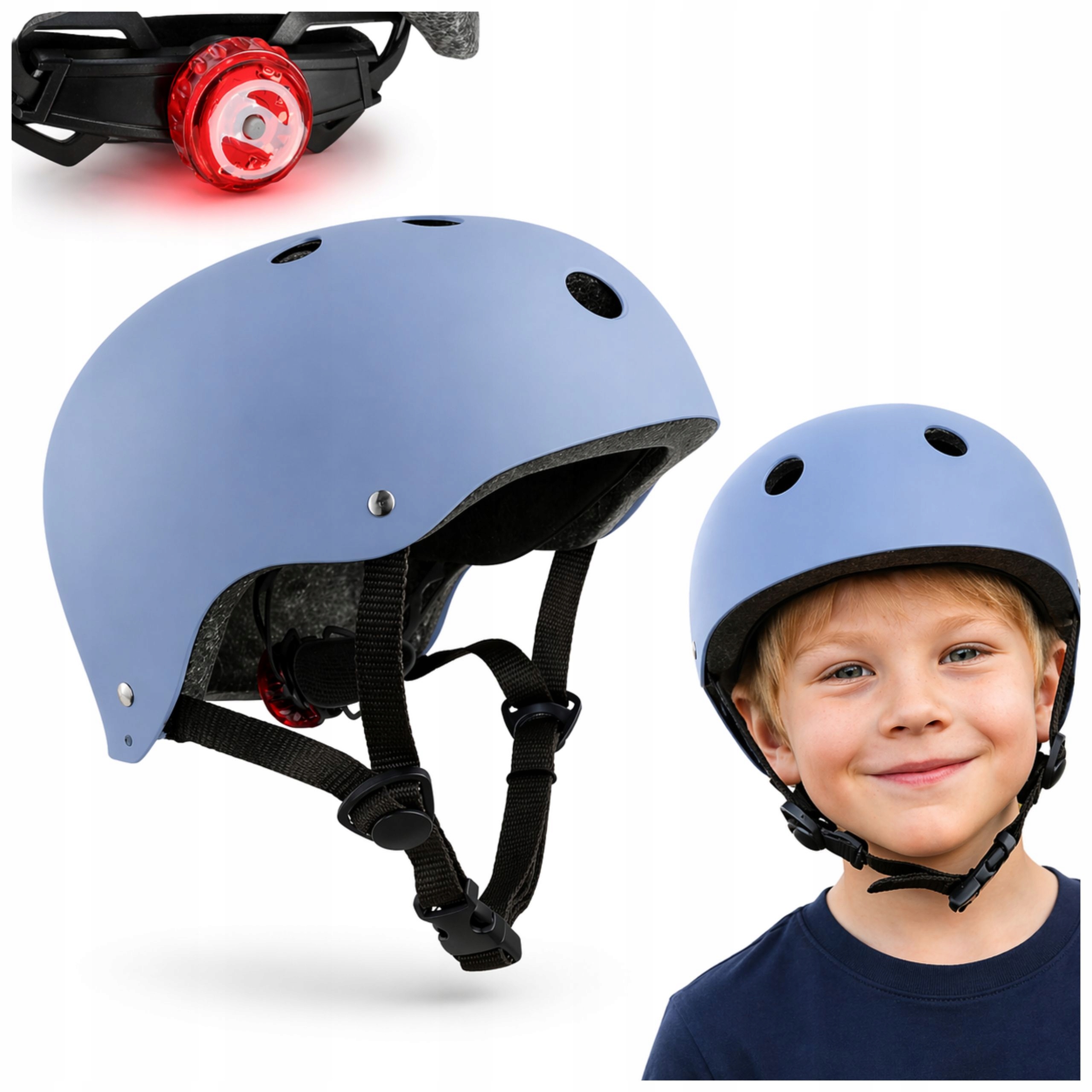 Kask Z Lampką Rowerowy Dziecięcy Na Hulajnogę Rolki Deskorolkę Niebieski