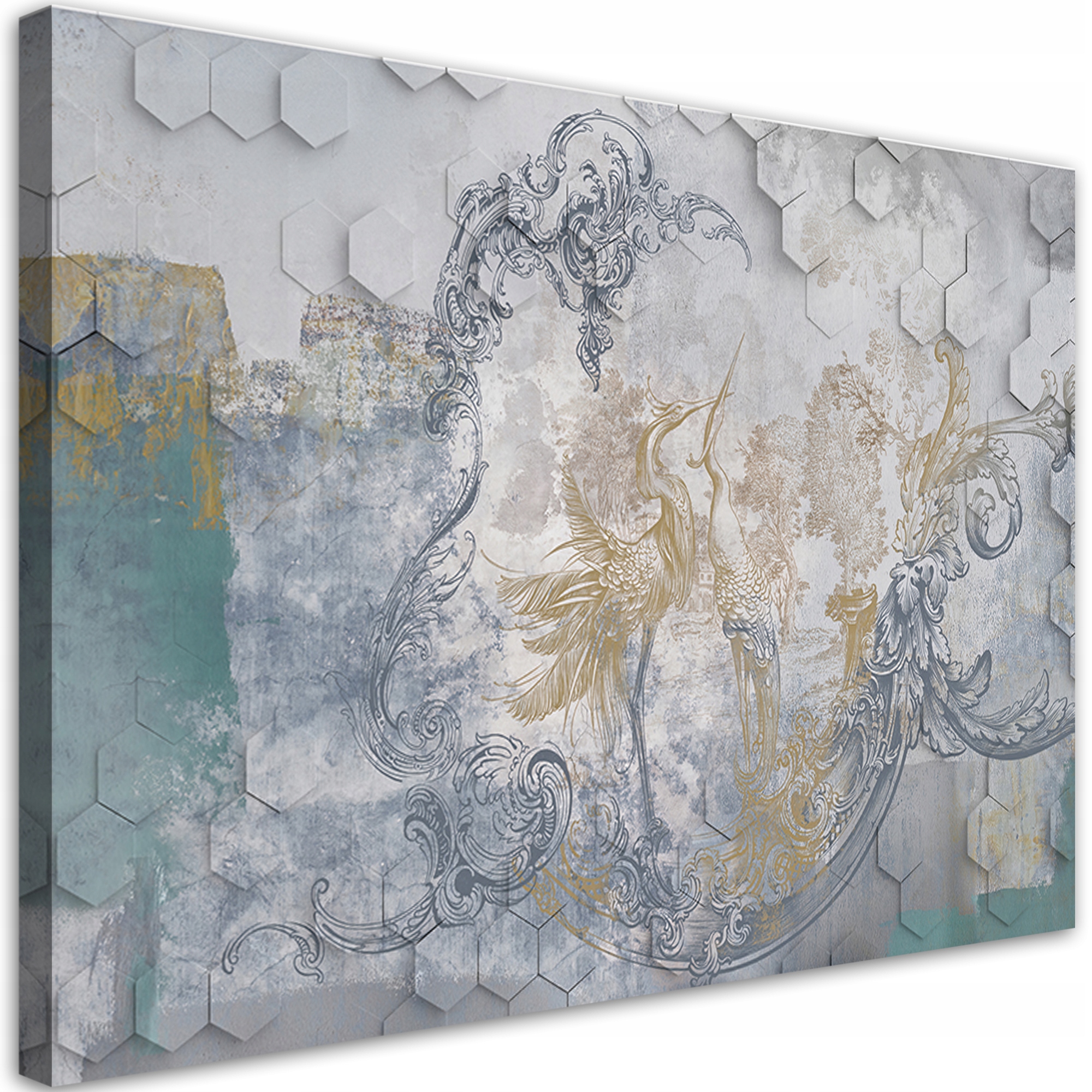 Obraz na plátně, Šedí ptáci na geometrickém pozadí 90x60