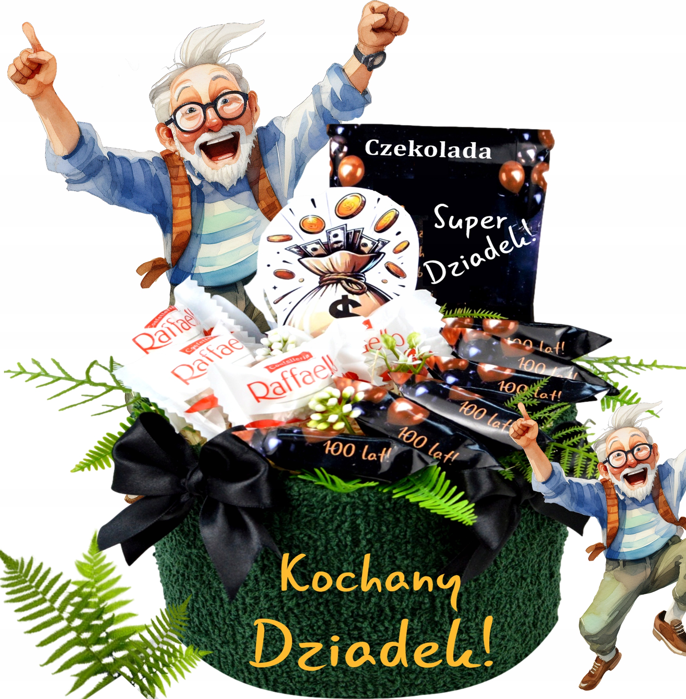 Levně Vyskočený Dědeček pěkný dárek na Den Dědečka koš sladkostí Ručník Výšivka