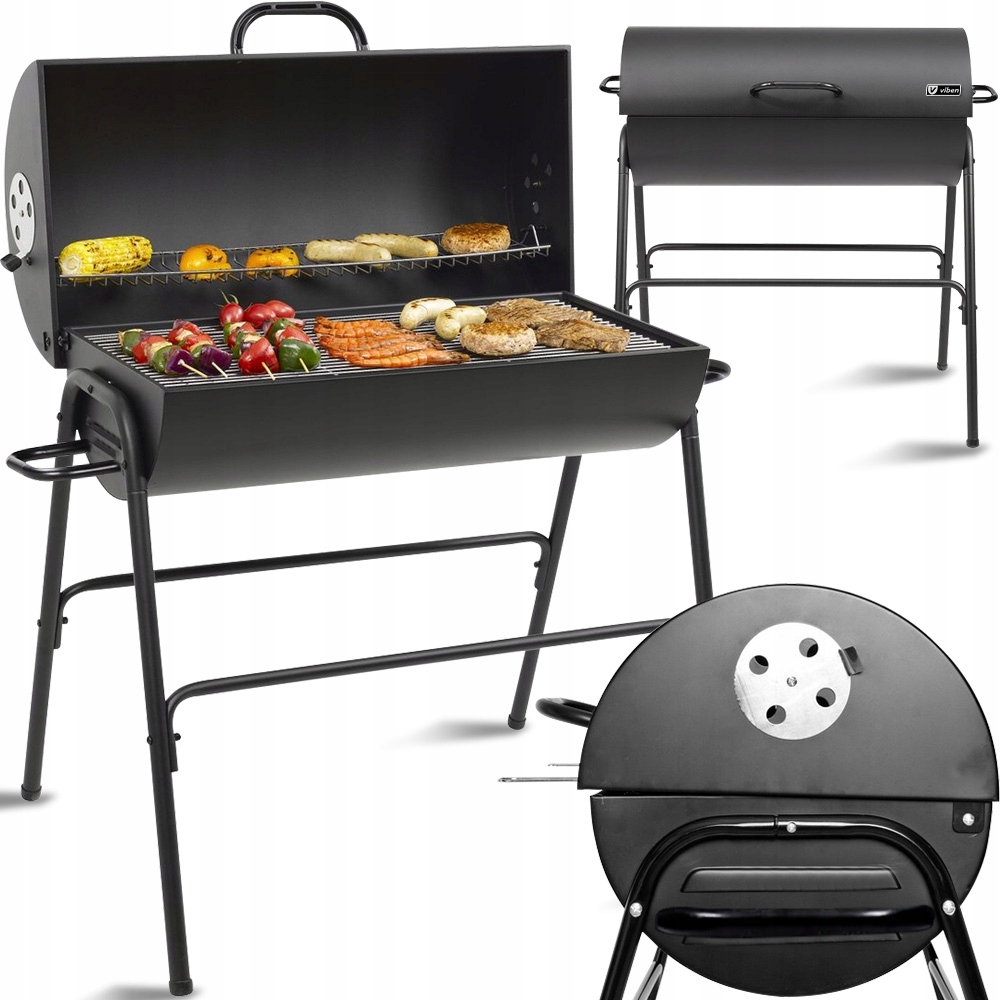 Duży Grill Węglowy Ogrodowy Zamykany Stołowy Z Pokrywą Półką Beczka Bbq