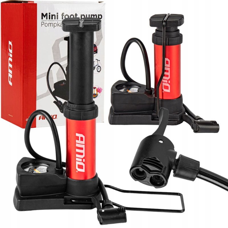 Pompka Nożna Metalowa Z Manometrem Mini PU03 Rowerowa Do Pompowania Kół