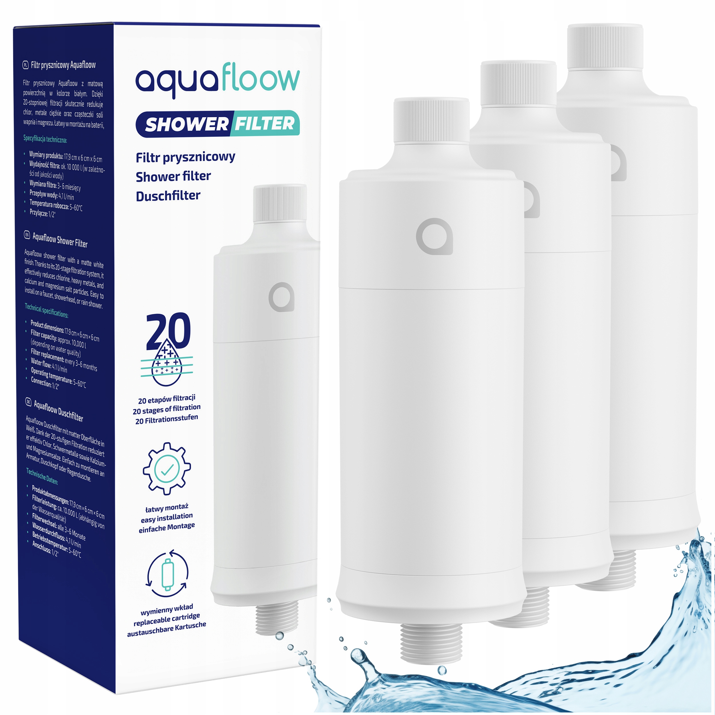 3x Filtr AquaFloow prysznicowy do prysznica redukuje chlor oczyszcza 3 szt.