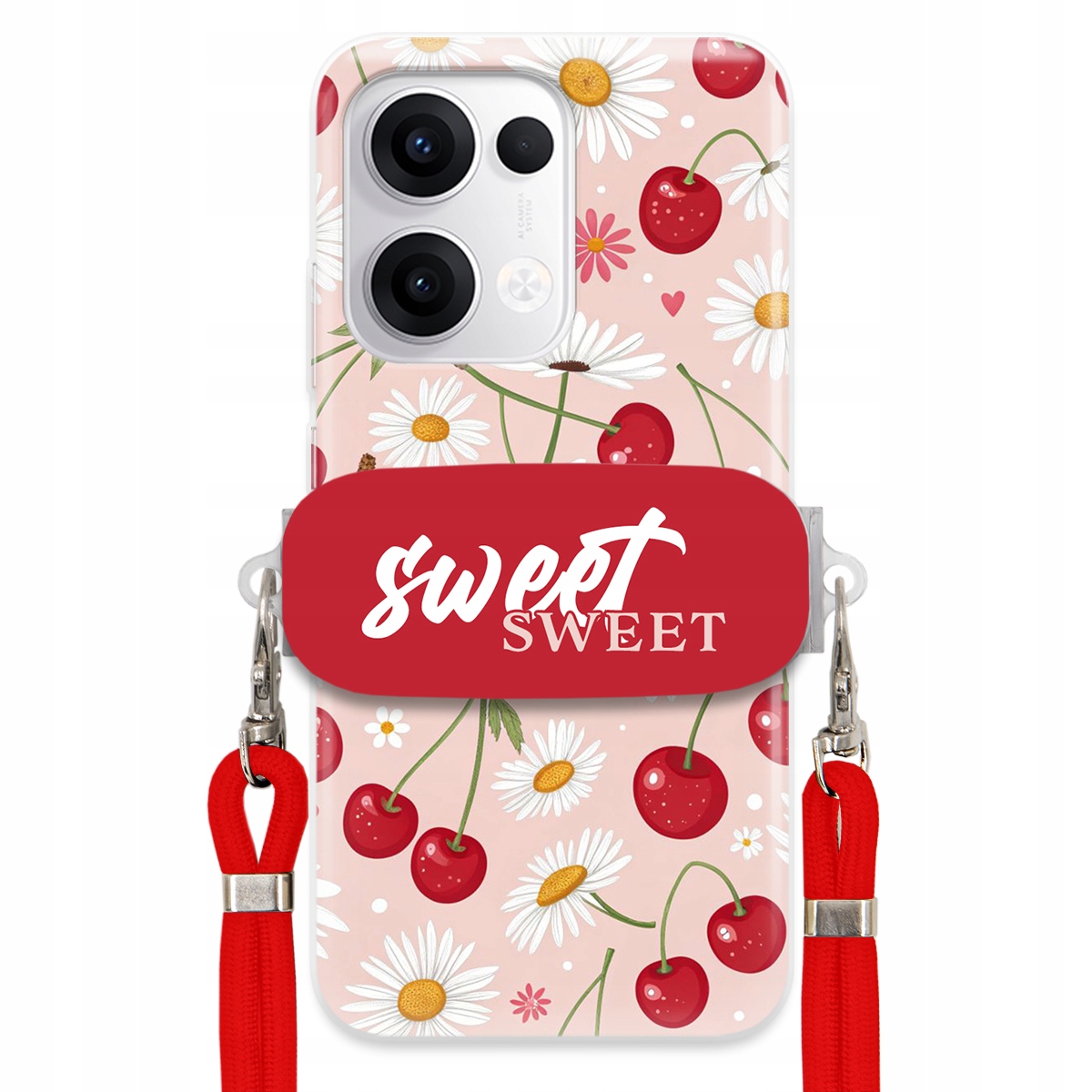 Puzdro pre Oppo Reno 13 5G Červené vodítko Crossbody držiak Sweet Kvet čerešne