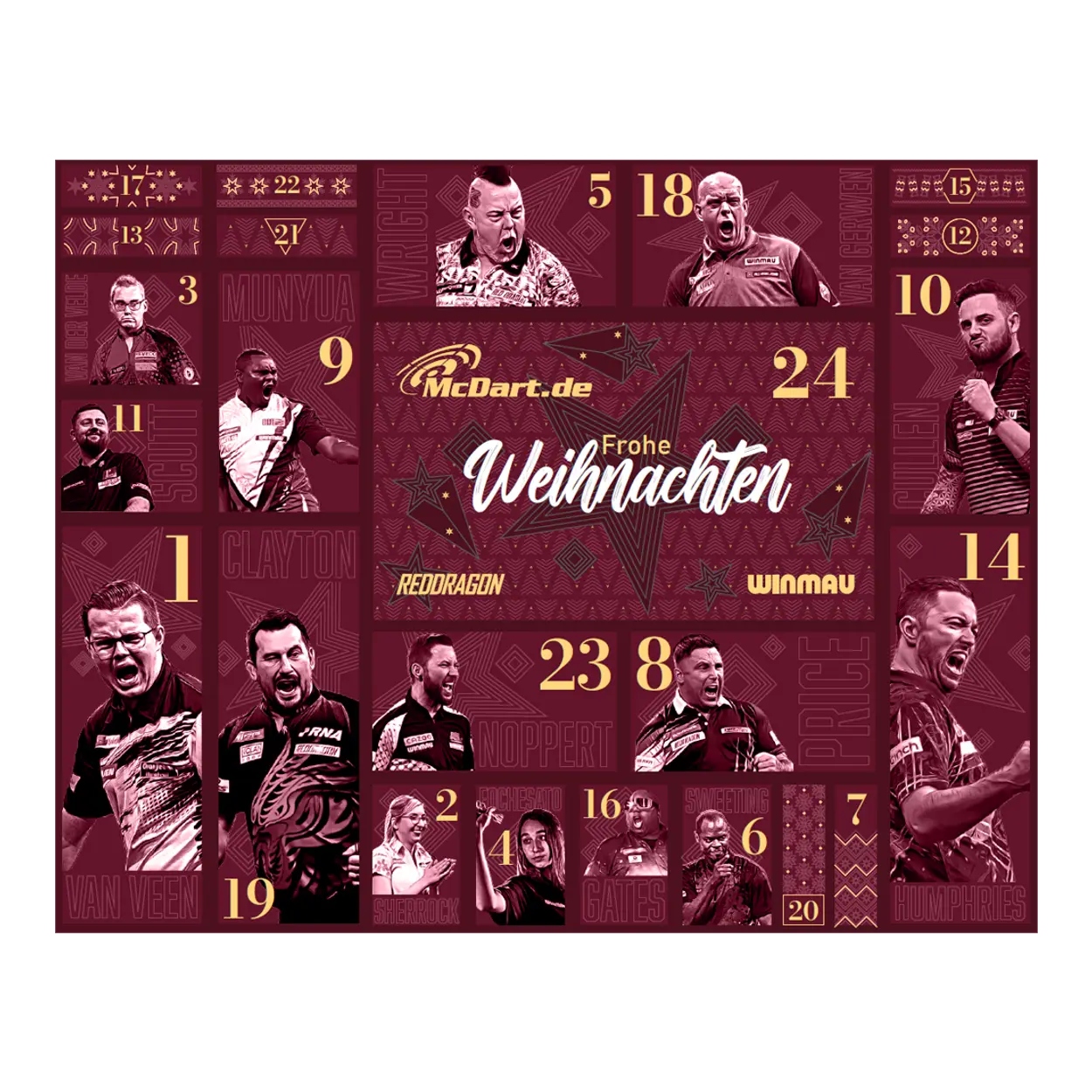 Адвент-календарь Mc Dart 2026, 24 аксессуара для дартса RedDragon, Winmau и McDart — фото 2