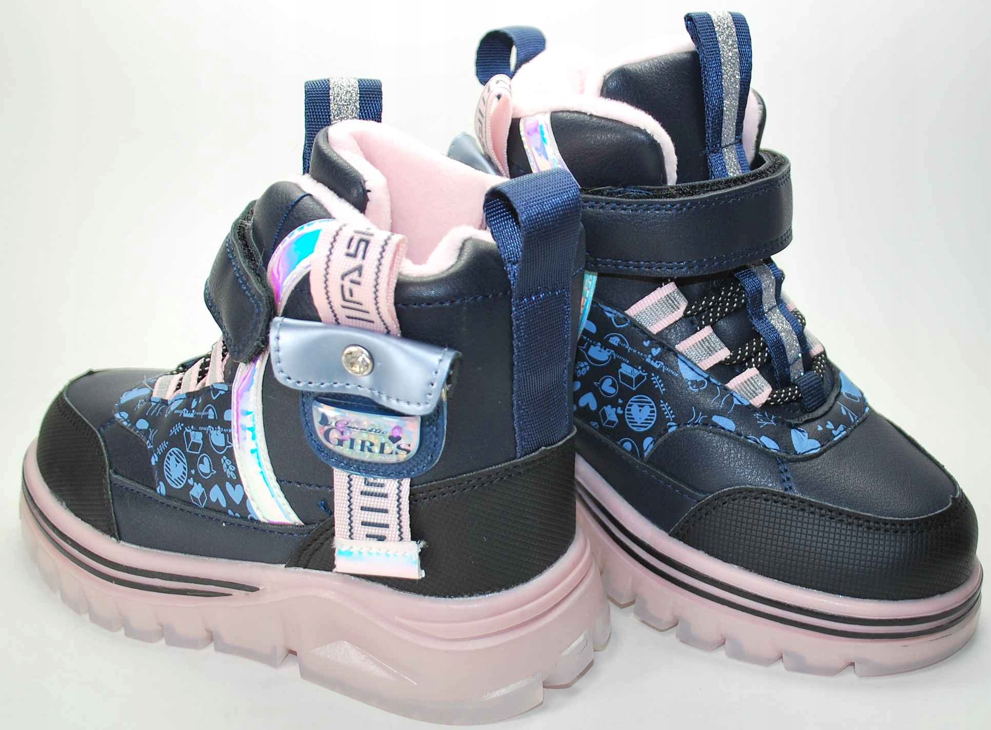 Granatowe ocieplane naturalnym futrem kozaki dla dziewczynki zima rzep 29 Odcień granatowy