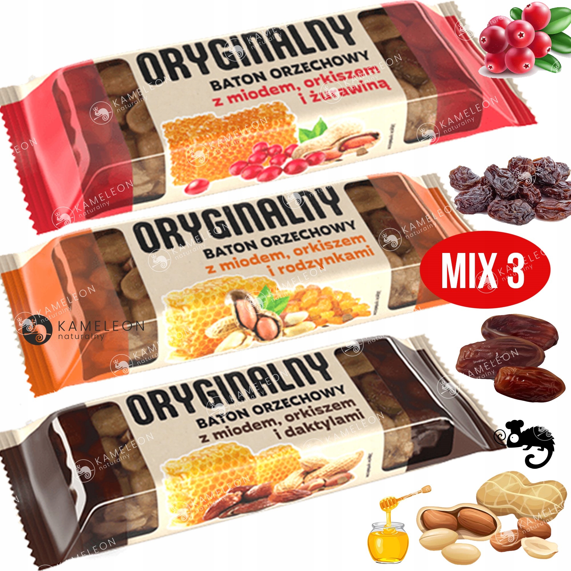 ORYGINALNY BATON ORZECHOWY mix SMAKÓW Z DAKTYLAMI RODZYNKAMI ŻURAWINĄ 3szt