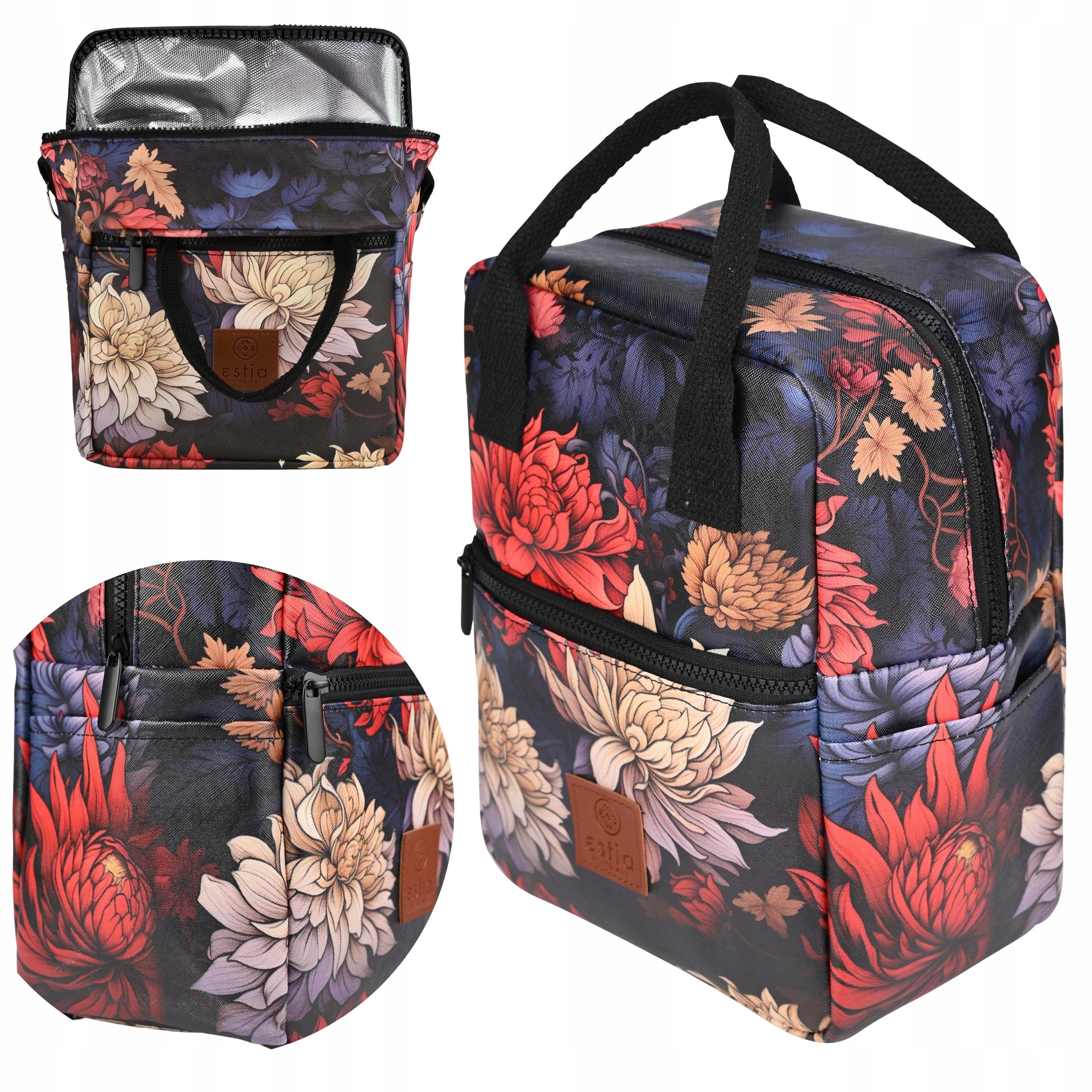 Czarna Torba termiczna na jedzenie do pracy kieszeń na butelkę 7 L w kwiaty