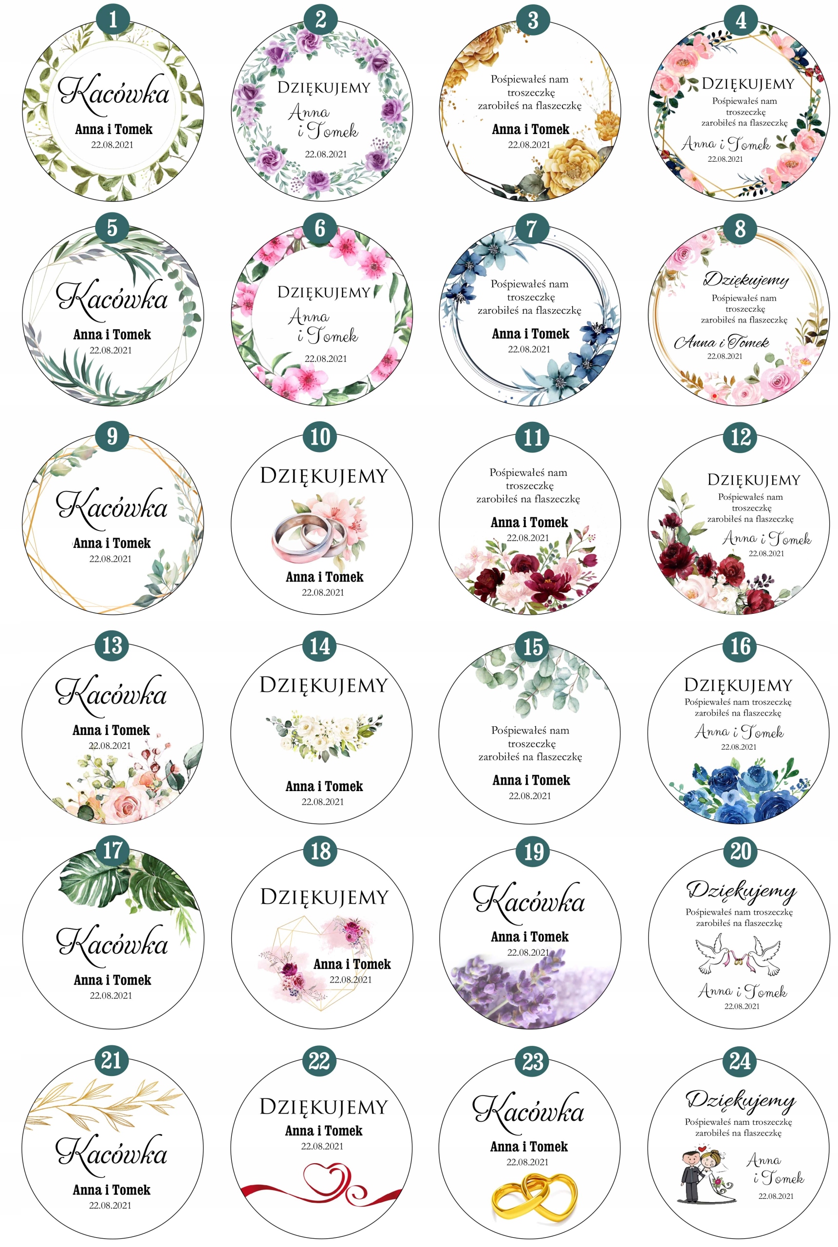 Etykiety OKRĄGŁE naklejki na butelki 100ml na ślub 24szt Marka Margot