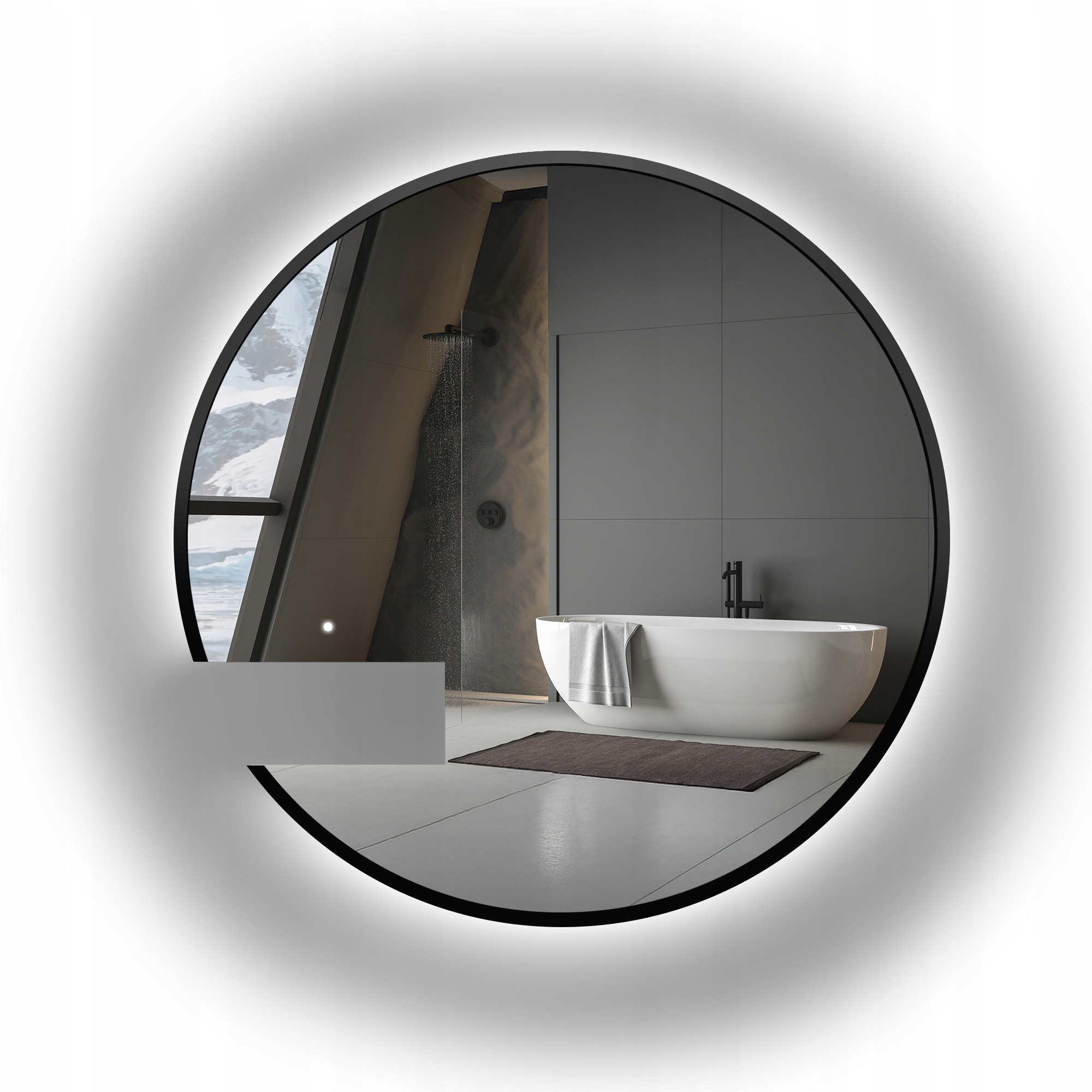 Zrcadlo kulaté Orfeusz v černém rámu s výřezem pro Led skříňku Fi 180