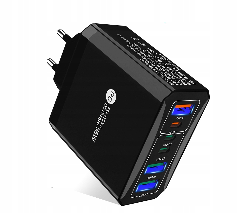 MOCNA SZYBKA UNIWERSALNA ŁADOWARKA SIECIOWA 55W PD+QC 3.0 USB x3 + USB-C x3