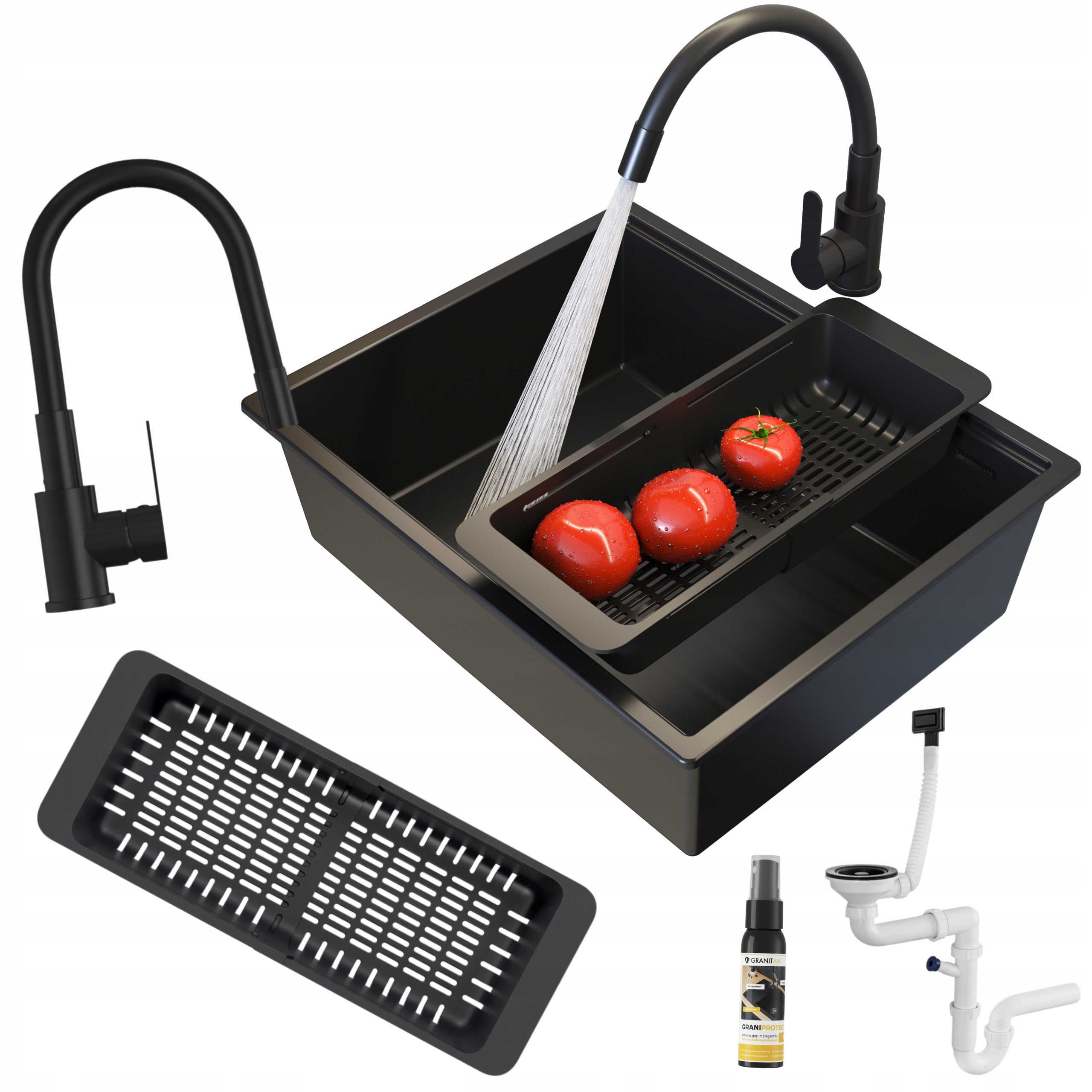 Jednokomorový granitový drez pod dosku Sinko, sada batérií, sifón