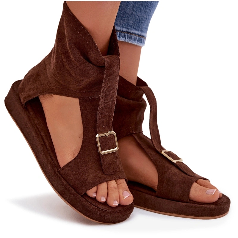 Sandały Z Cholewką Eko Zamszowe Złota Klamra Pasek Zamek Czekoladowe 40