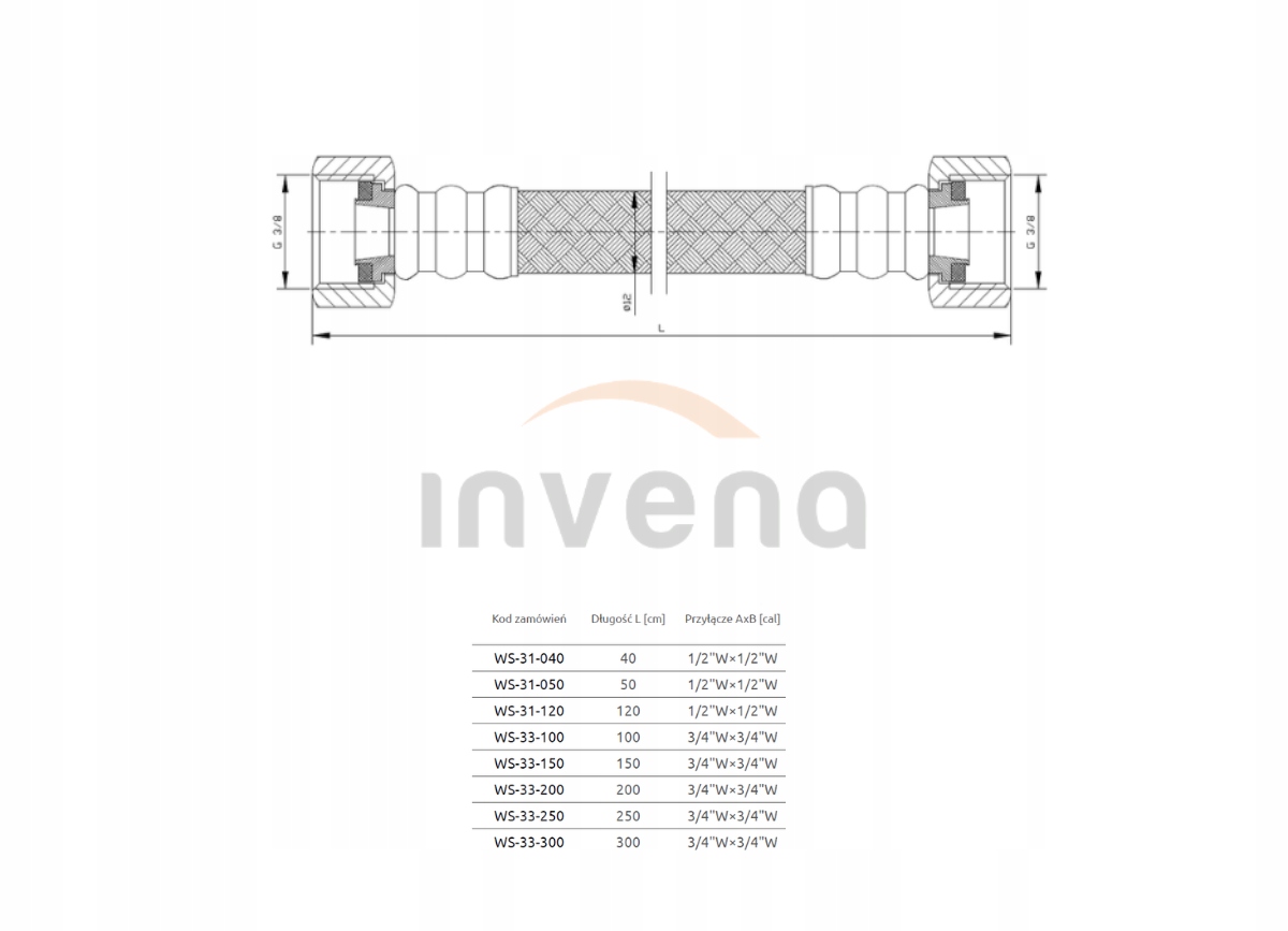 Wąż do Wody 50 cm 3/8" x 3/8" Invena EAN (GTIN) 5907798724574