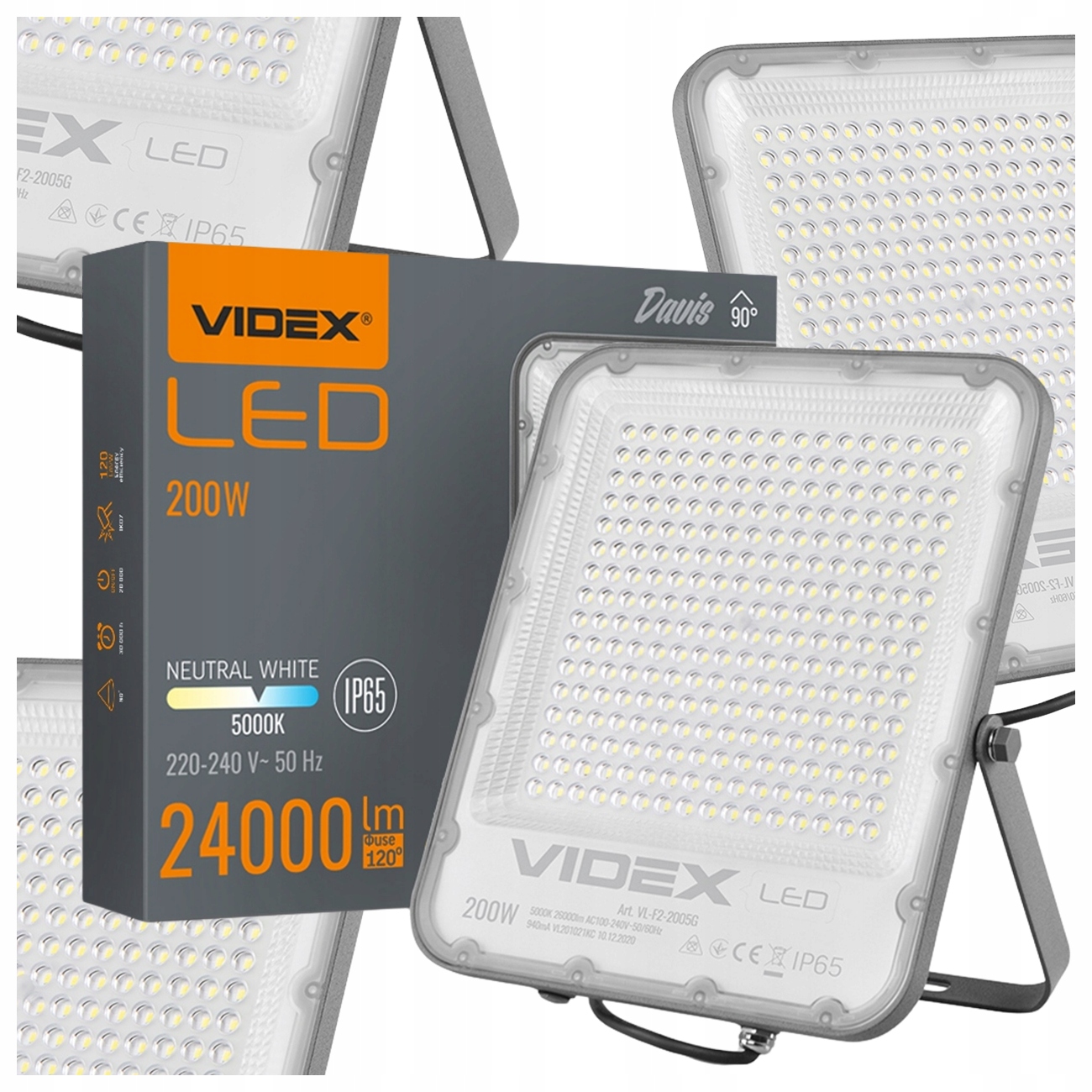 Halogen Led reflektor sivý Lampa 200W 24000lm 5000K IP65 Videx neutrálny
