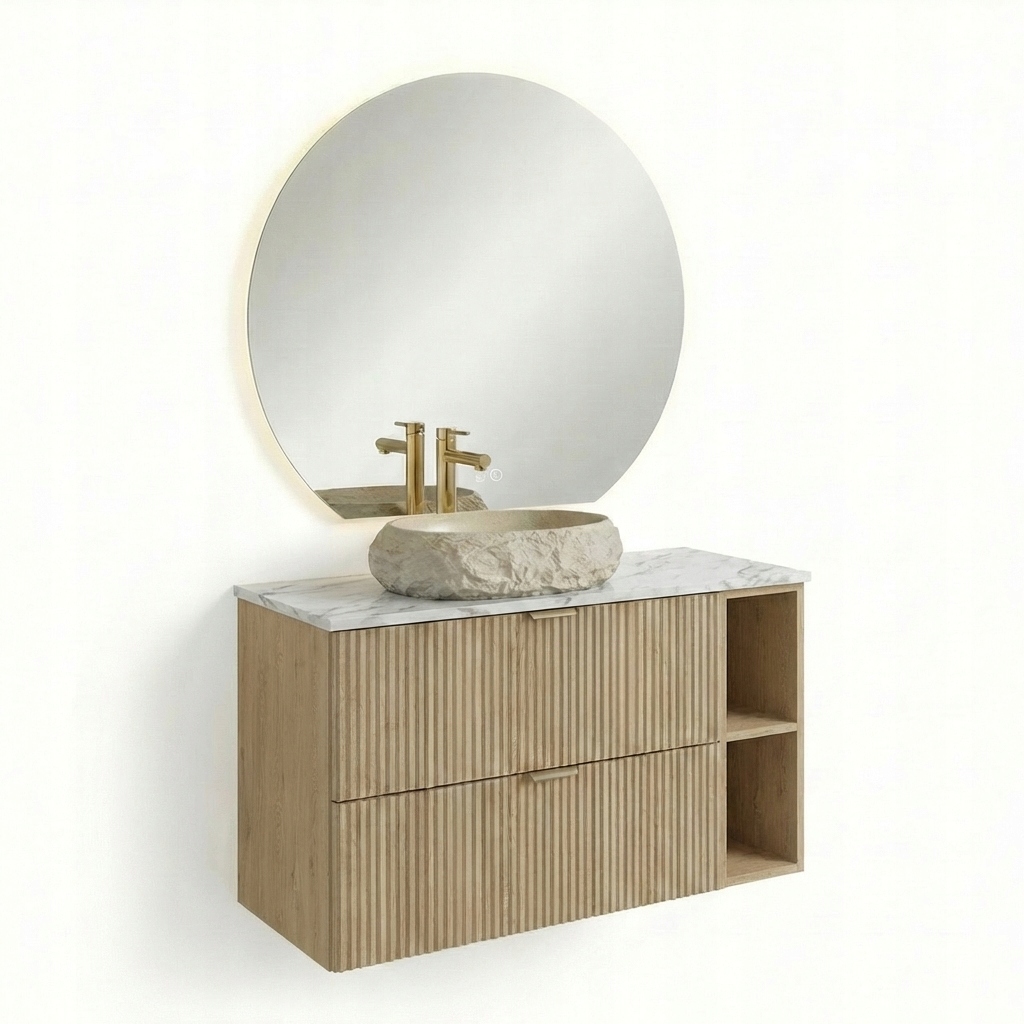 Koupelnová sada 100 cm regálu Dub Cremona s umyvadlem a Led zrcadlem Willy