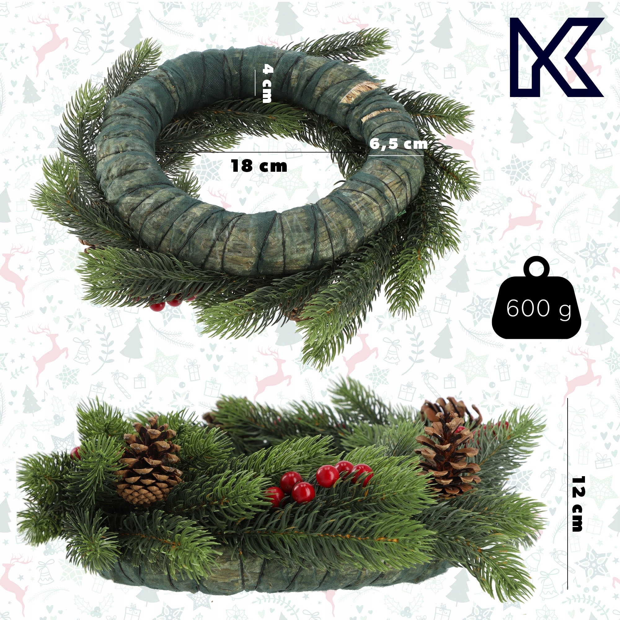 WIANEK ŚWIĄTECZNY STROIK NA DRZWI STÓŁ WIENIEC OZDOBA PREMIUM ŚWIĘTA 45 cm Marka Kadax