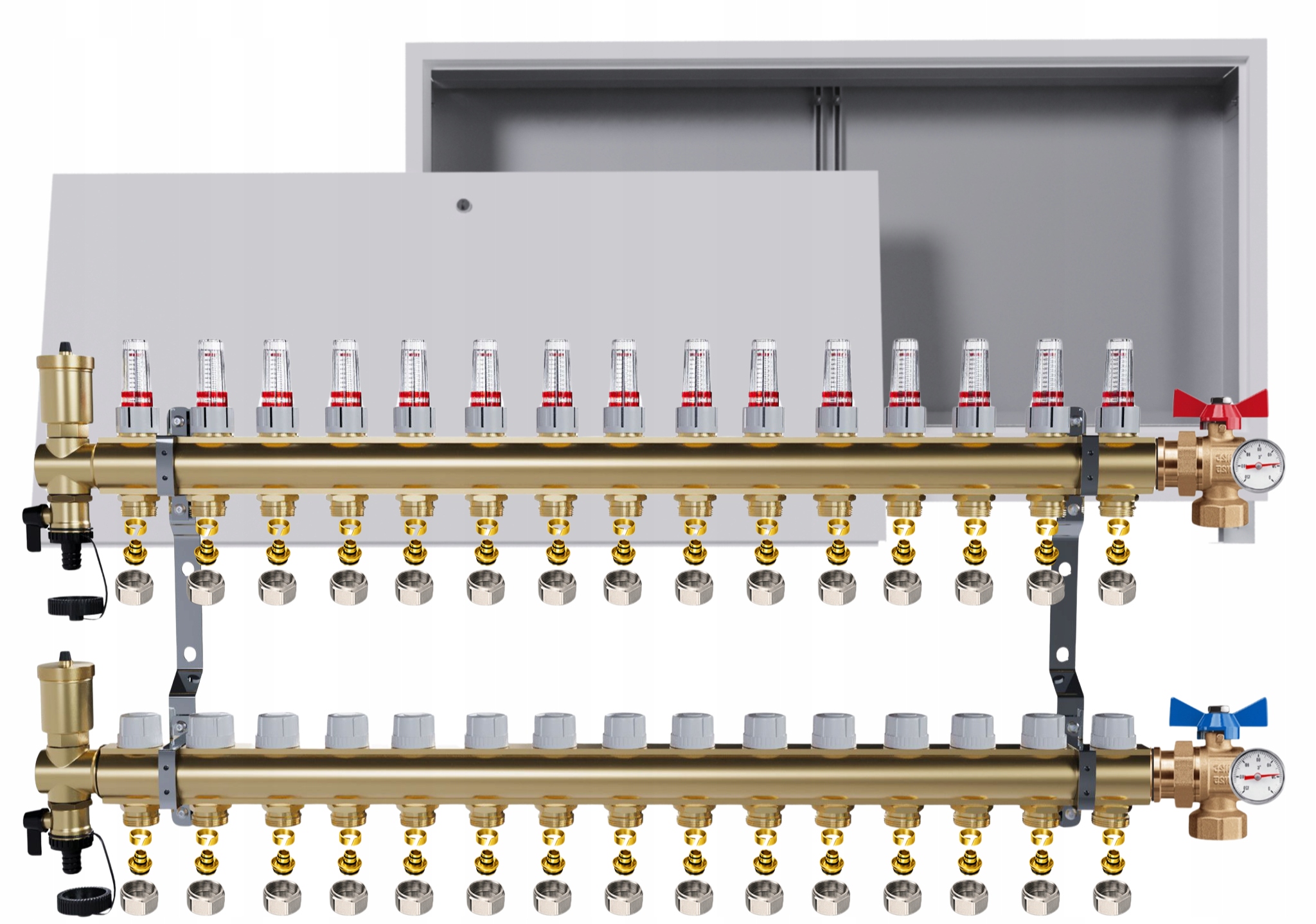 Rozdělovač podlahy 15 okruhů kulové ventily teploměr krabička Pex