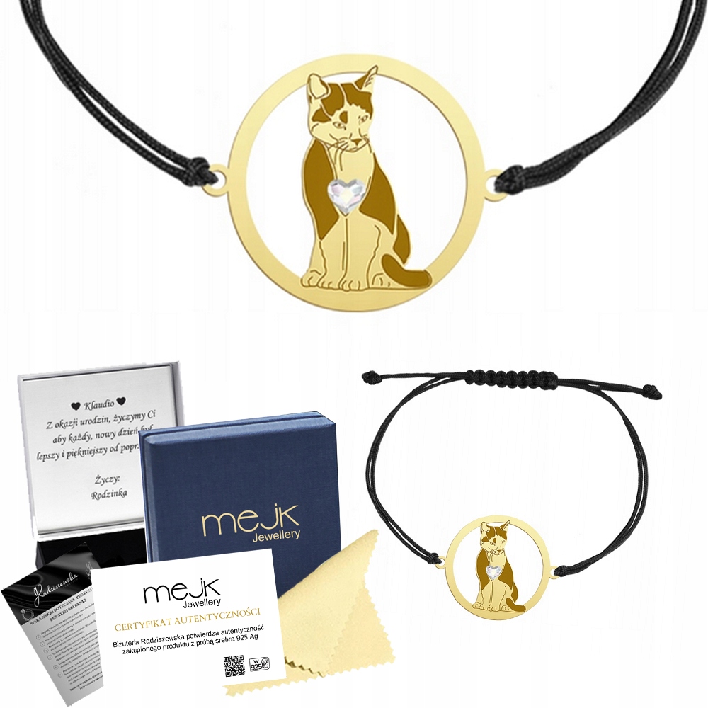 Zlatý náramek Domácí kočka Tuxedo 925 Dárek Šperky Gravírování Bonus