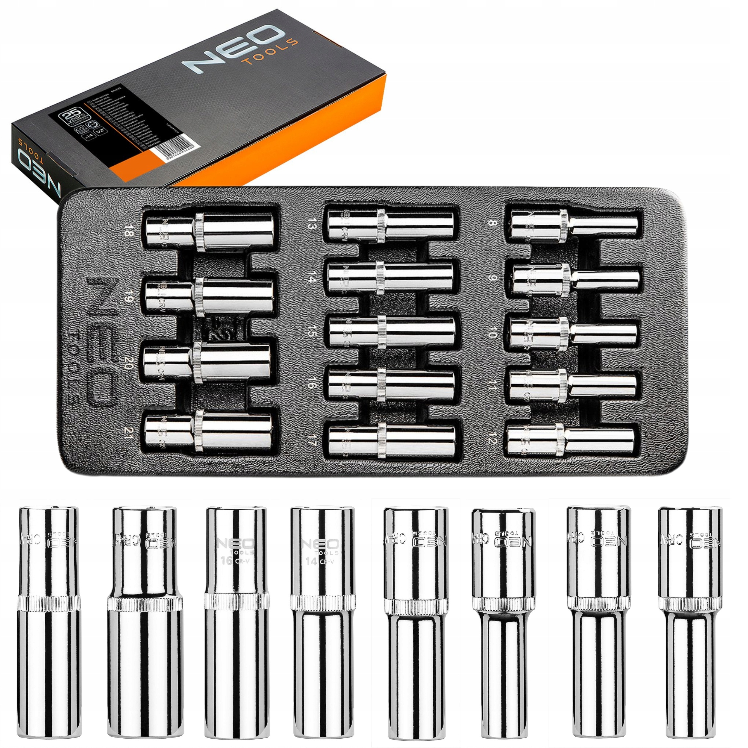 Neo Tools Dlhé Nástavce 1/2" 8-21 mm 14ks Vložka Skrine Na Náradie 84-243