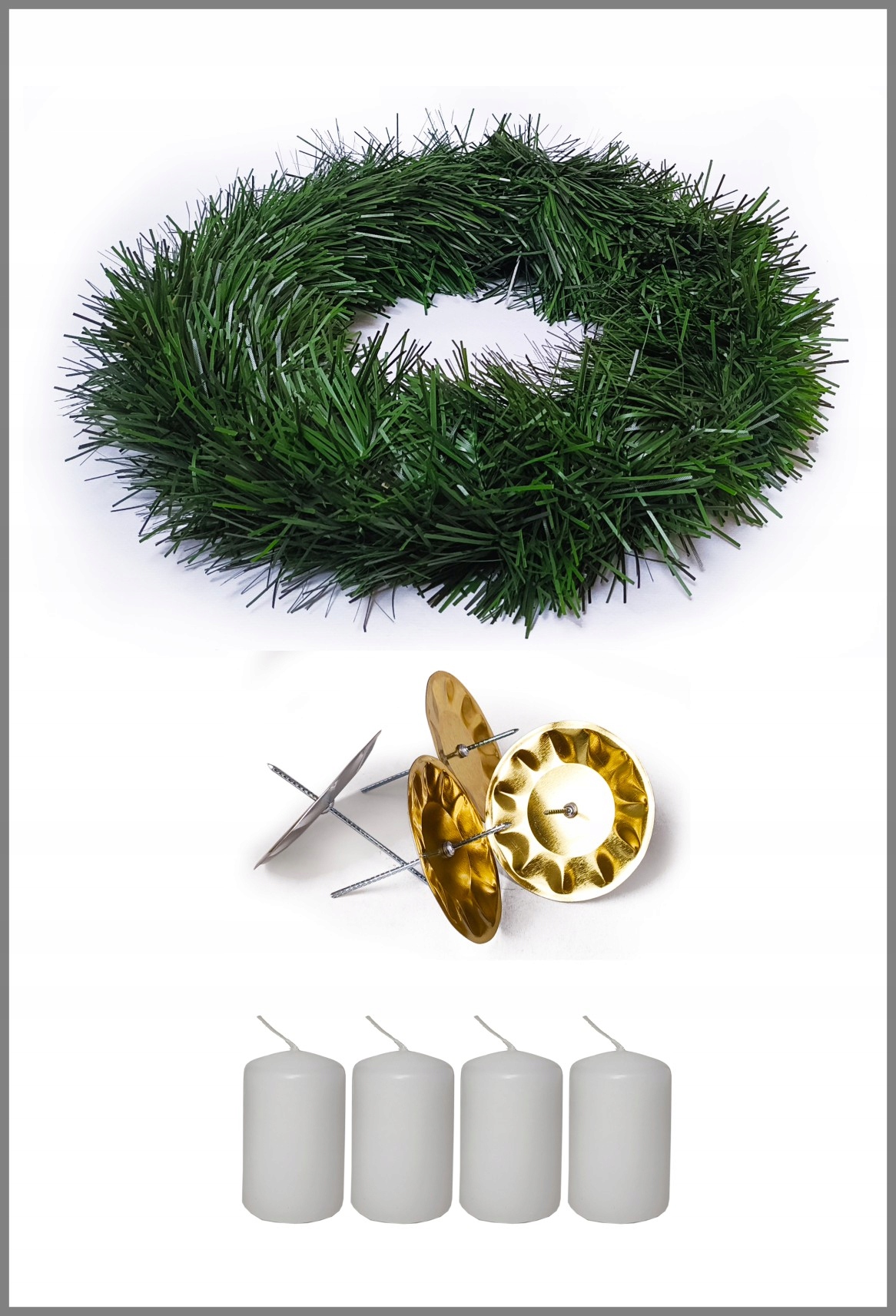 Zestaw do zrobienia wieńca adwentowego, białe świece, wieniec, podstawki