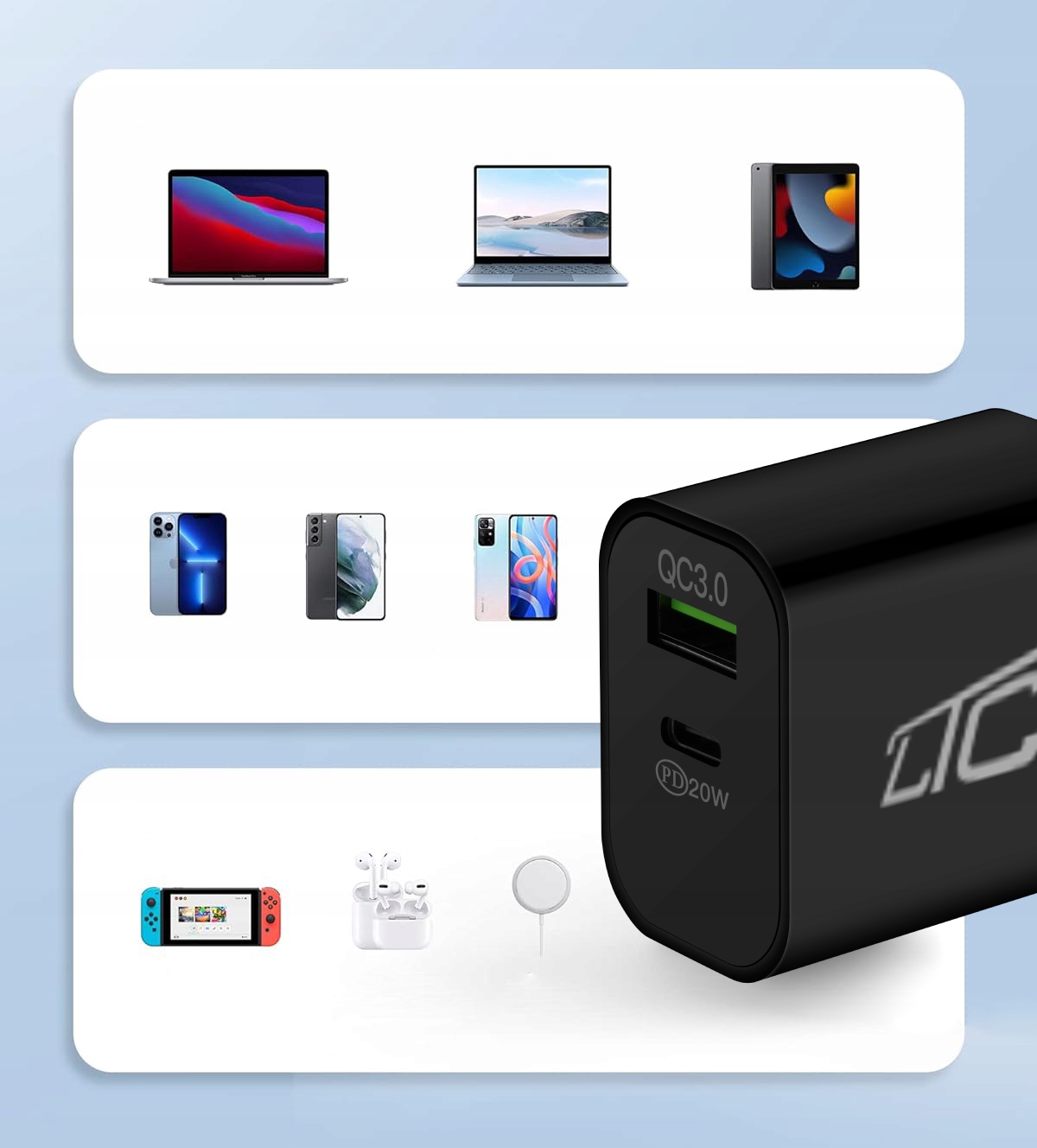 SZYBKA ŁADOWARKA SIECIOWA ANDROID IPHONE KOSTKA 2w1 20W 1xUSB-C PD 1xQC3.0 Prąd wyjściowy 3000 mA