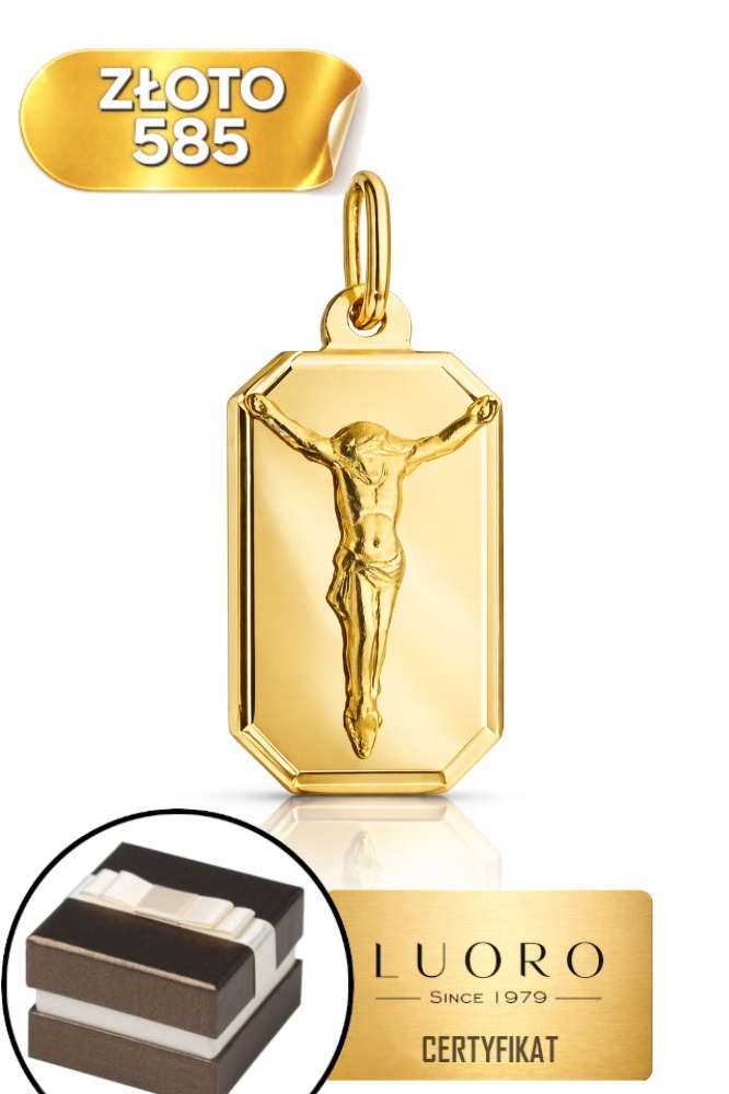 Zlatý Medailon 585 14K Ukřižovaný Ježíš Obdélník 2,3 CM Elegantní