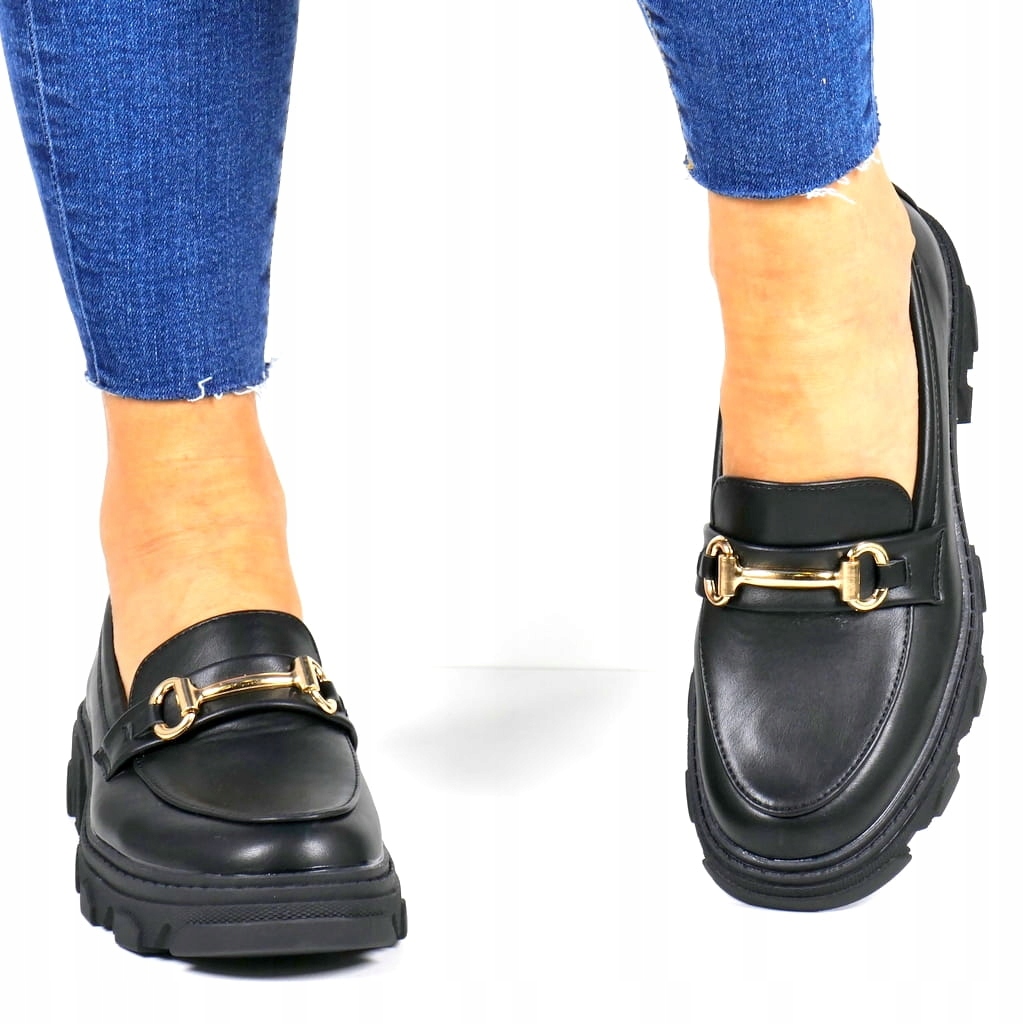 DAMSKIE MOKASYNY LORDSY EKO SKÓRA PÓŁBUTY ZE SPRZĄCZKĄ CZARNE MAT WYGODNE Długość wkładki 25 cm