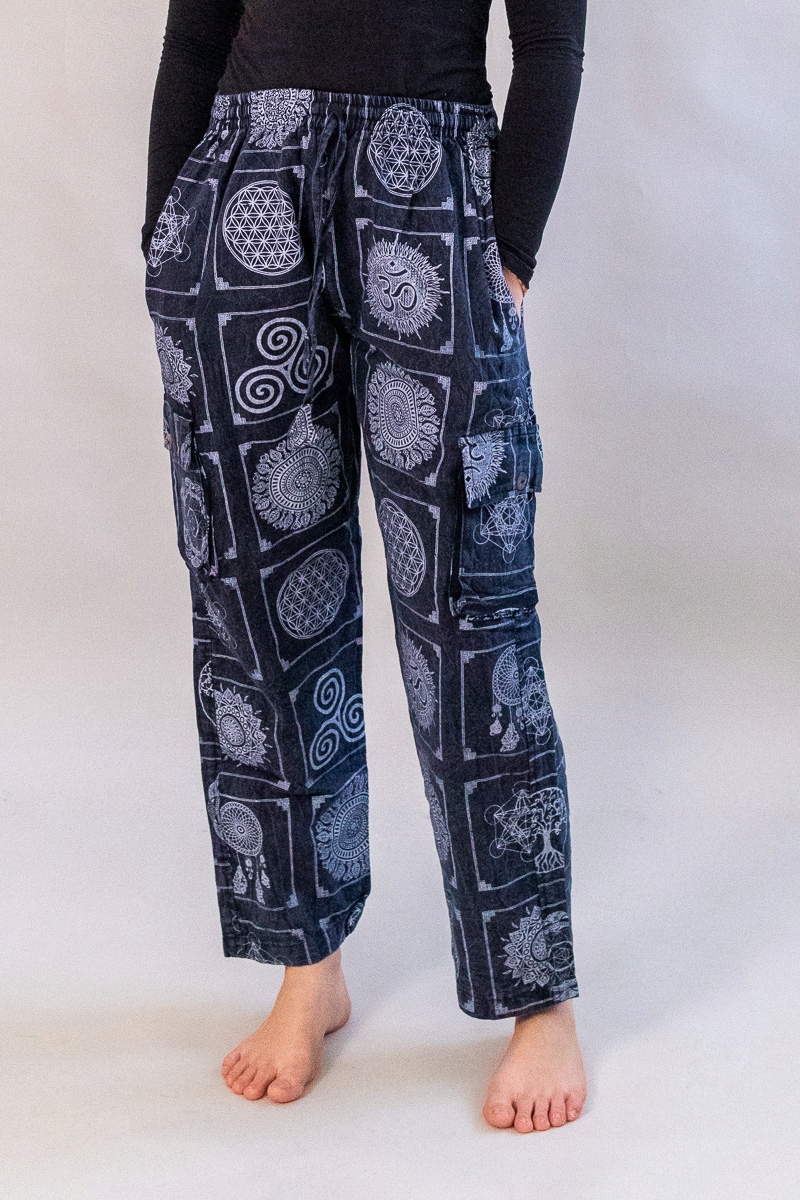 Přetíratelné volné baggy kalhoty balloon buddhistické symboly etno unisex